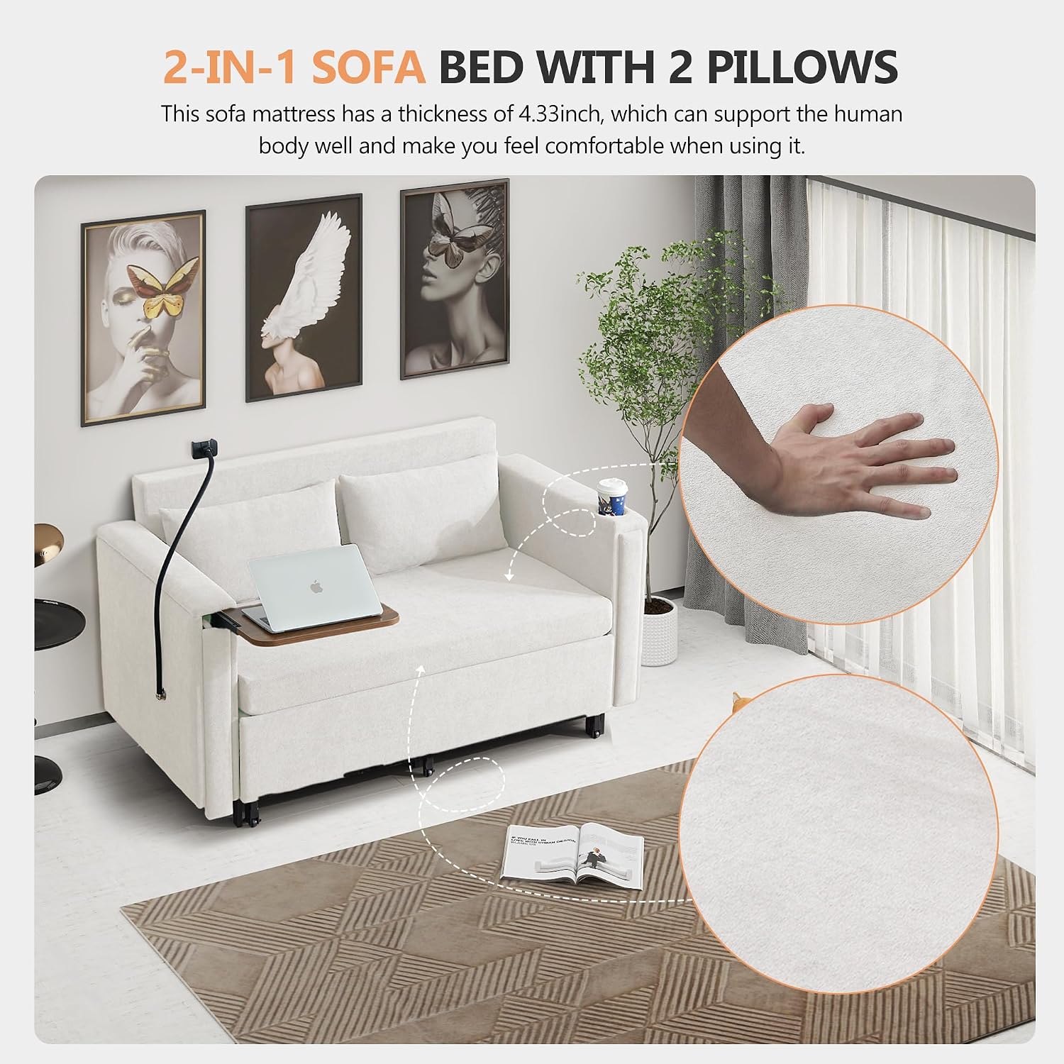 3-in-1 Convertible Sleeper Sofa Couch with Pullout Bed, Loveseat Sleeper Sofa Bed with Hidden Side Table, 56' Full Size Folding Futon Couch for Living Room Guest Room Apartment Home Office (Beige)