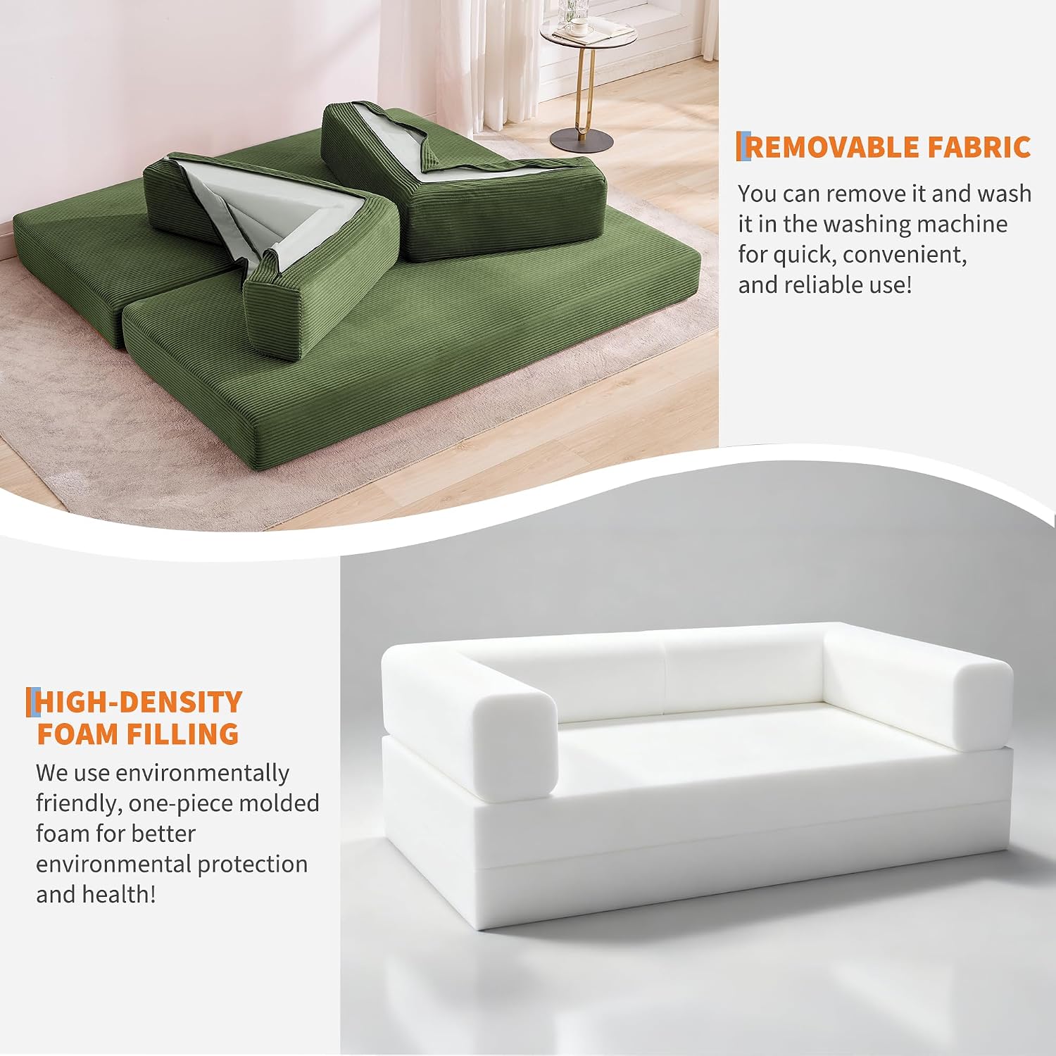 Garvee 5-in-1 Convertible Sofa Bed, 78.8' Modular Corduroy Sleeper with Sturdy Frame & No Assembly, Multi-Functional Futon for Small Space, Living Room & Guest Room (Green) (Green)