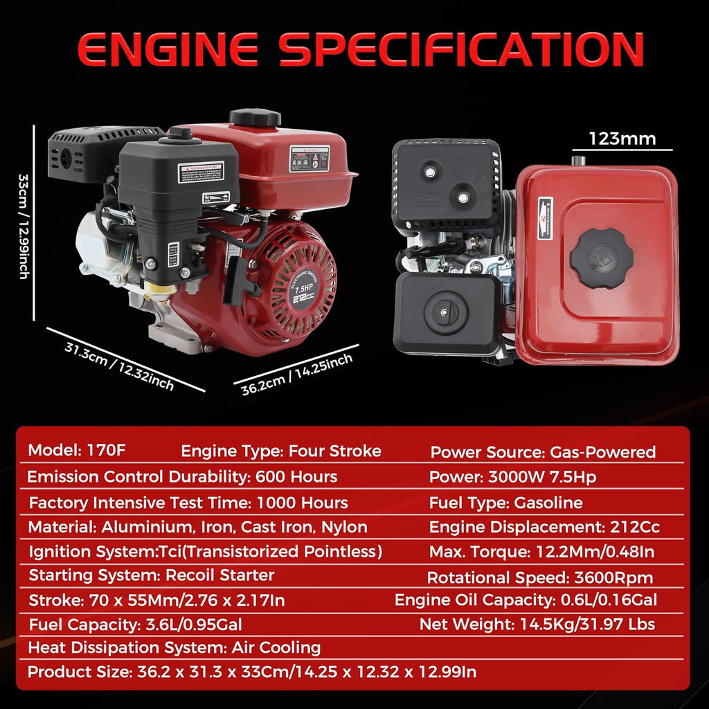 7.5 HP Gas Engine Motor, 212CC 4 Stroke Gas Motor Engine Motor Horizontal Shaft Pull Start, 3000W Gas Powered Engine for Go Kart Water Pumps Lawnmowers