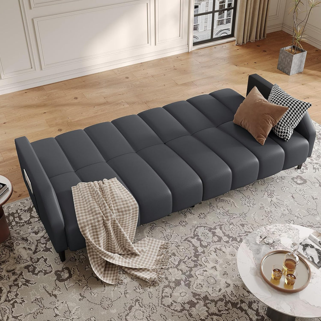 Fadware Faux Leather Couch, Convertible Futon Sofa Bed with Adjustable Backrest, Mid Century Leather Sofa Loveseat with Side Pockets& Metal Leg, Modern Leather Sleeper Sofa for Living Room Bedroom