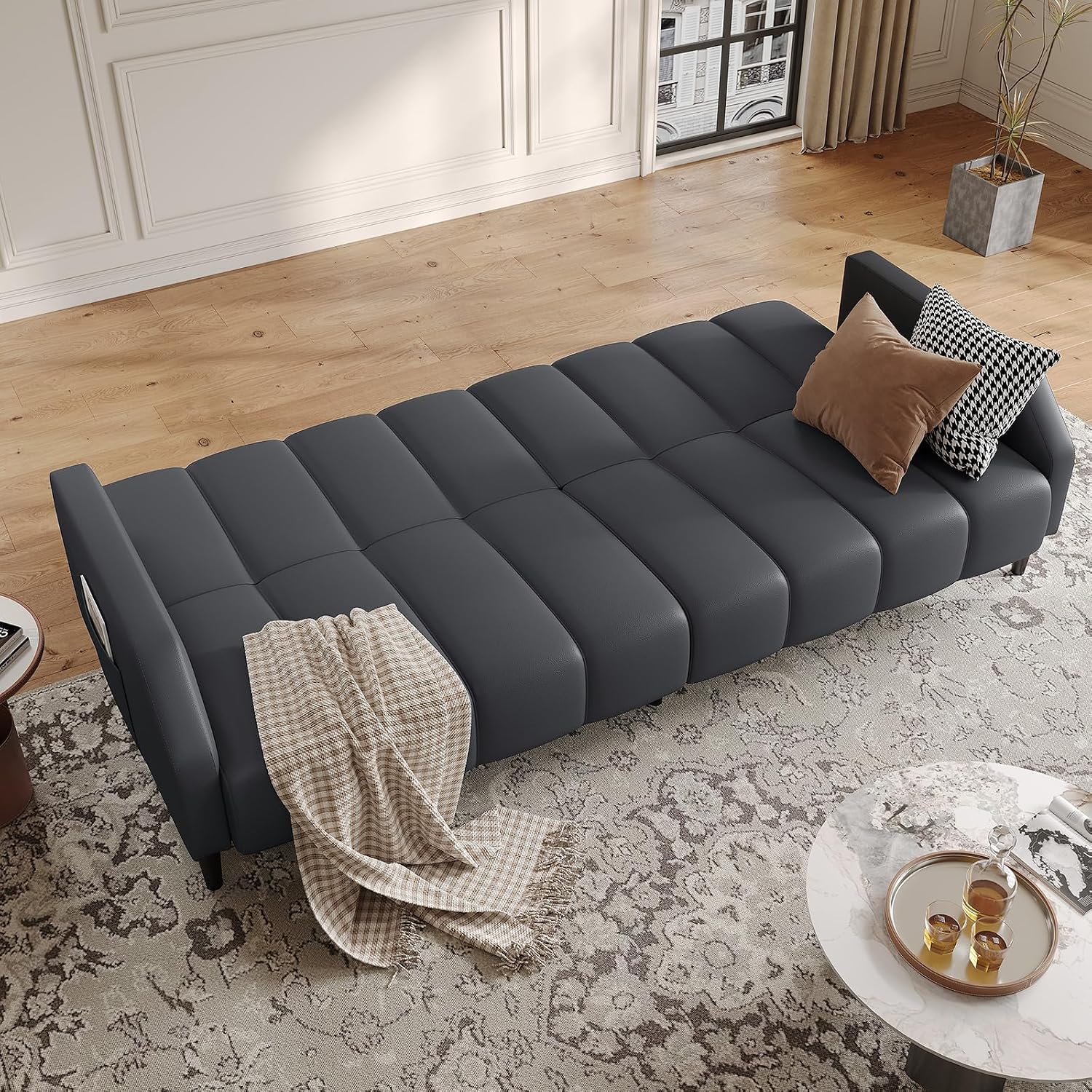 Fadware Faux Leather Couch, Convertible Futon Sofa Bed with Adjustable Backrest, Mid Century Leather Sofa Loveseat with Side Pockets& Metal Leg, Modern Leather Sleeper Sofa for Living Room Bedroom