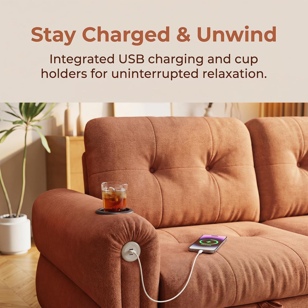 Convertible Couches, Queen Size Pull Out Sofa Bed with USB Charging Port and Cup Holders, Chenille Fabric Convertible Sofa Bed for Small Space, Living Room, Apartment, Guest Room, Orange