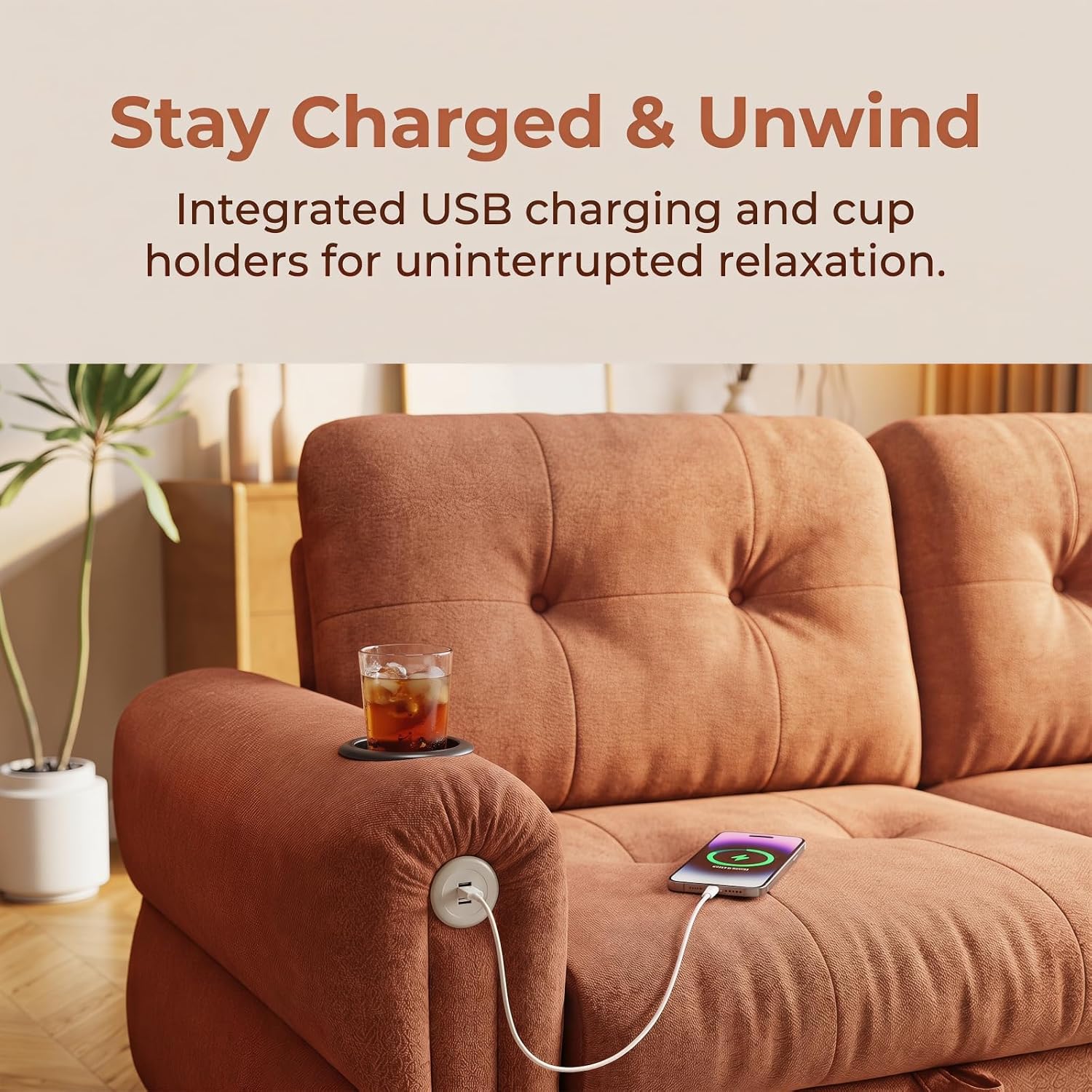 Convertible Couches, Queen Size Pull Out Sofa Bed with USB Charging Port and Cup Holders, Chenille Fabric Convertible Sofa Bed for Small Space, Living Room, Apartment, Guest Room, Orange