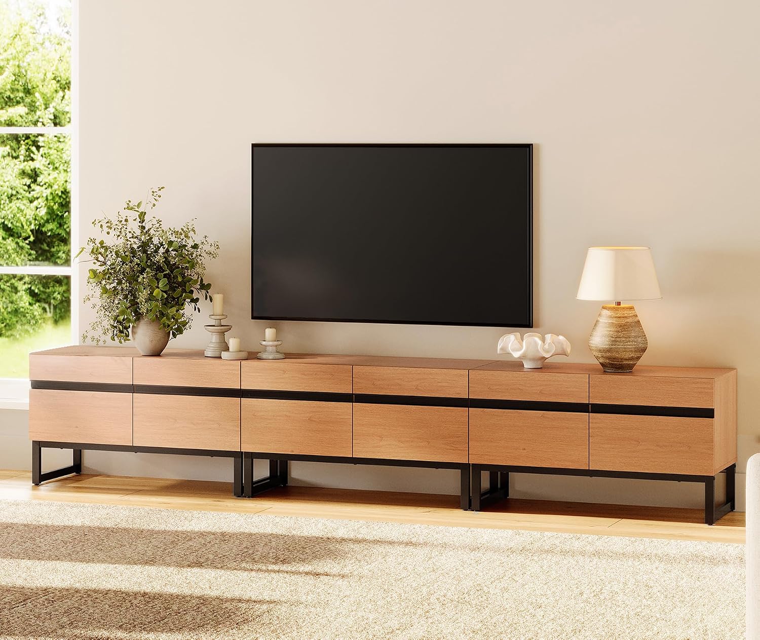 WAMPAT Modern TV Stand for 32-110 Inch TVs, Wood Entertainment Center with Metal Base Storage Cabinets, Media TV Console for Living Room, Mocha, 3Pcs