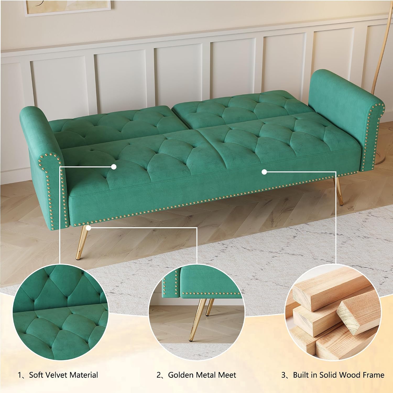 KEIKI 70' Folding Futon Sofa Couch w/Adjustable Backrest, Mid Century Modern Loveseat Convertible to Sleeper Bed, Small Comfy Velvet Cloud Couch SofaBed for Living Room & Bedroom, 2 Pillows, Green