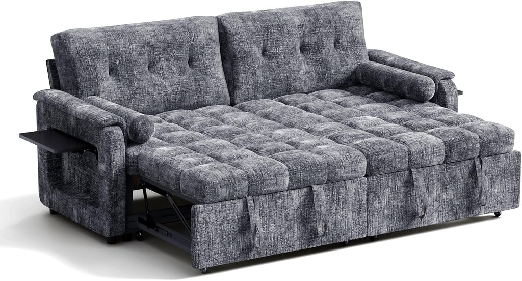 Convertible Sleeper Sofa Bed, 86 Inch Chenille Pull Out Couch with Side Table & Adjustable Backrest, Sectional Sleeper Sofa with Pull Out Bed for Living Room, Apartment, Gray