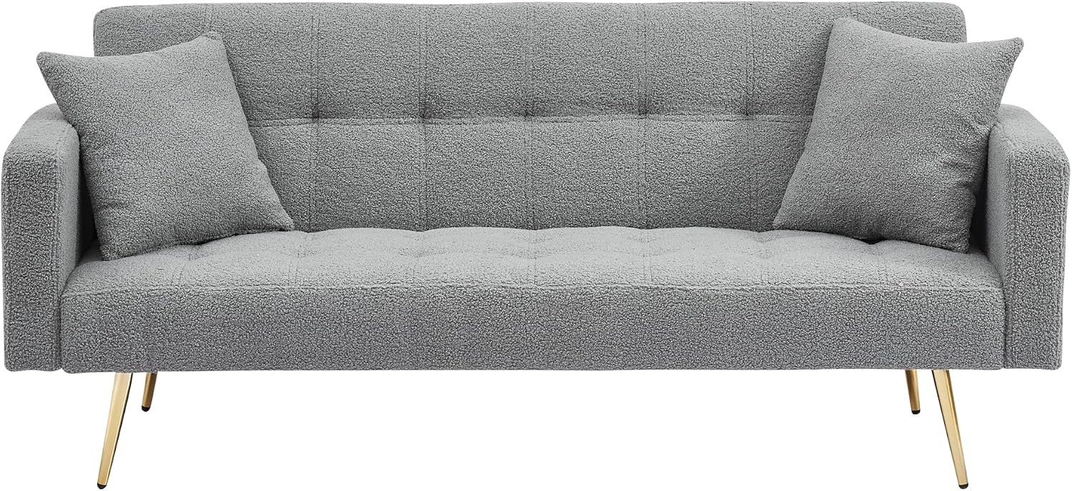 Eafurn Teddy Fleece Folding Sleeper Sofa Bed Convertible Futon Loveseat Couch with 3 Adjustable Backrest, Tufted Recliner Lounge Sofabed Daybed with Golden Metal Legs for Living Room Apartment