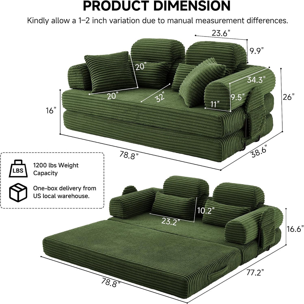 79' Sofa Bed, Deep Seat 32' Sleeper Sofa, 5-in-1 Convertible Sofa Bed, Boneless Couch in a Box, Corduroy Floor Futon with Thickened backrest and Headrest Pillows, Side Pockets, Dark Green