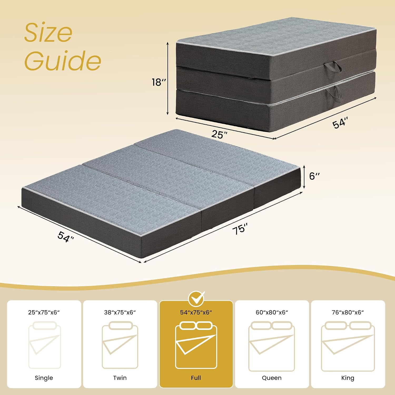 Tri Folding Mattress Full Size - 6 Inch Dual-Layer Memory Foam Foldable Mattress Portable Futon Sofa Bed with Removable Washable Cover, Handle & Non-Slip Bottom for Guest, Camping, RV, Yoga, Home Use