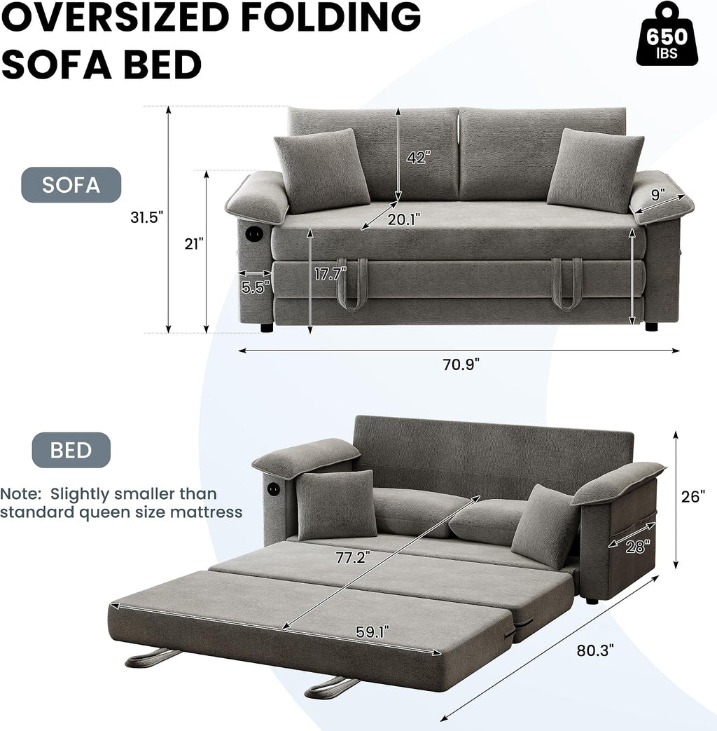 SUNWAVE 77' Sleeper Sofa Convertible Sofa Bed with USB Ports & Side Pockets, Chenille Loveseat Pull Out Couch with Full Size Sleeping Area, Folding Sofa Bed for Living Room & Small Spaces (Gray)