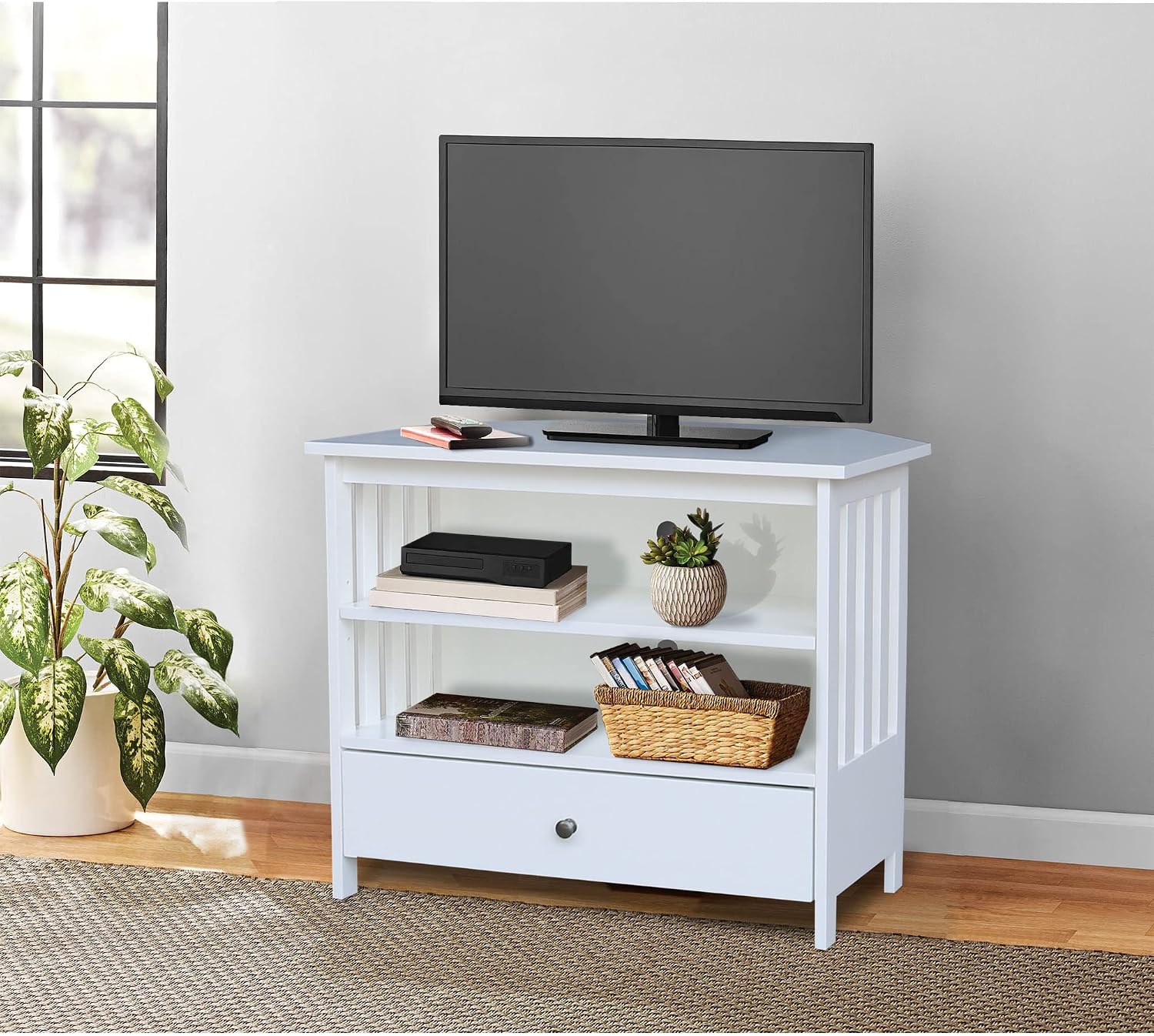 IC INTERNATIONAL CONCEPTS Solid Wood TV Stand with Shelves and Drawer in White - 28.9' Height