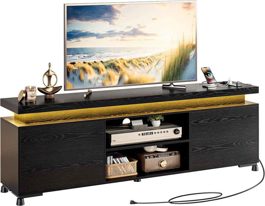 IRONCK TV Stand for TVs 85 inch, Entertainment Center with LED Lights and Power Outlet, TV Console Table with Cabinets and Open Storage Shelves, Black TV Stands for Living Room