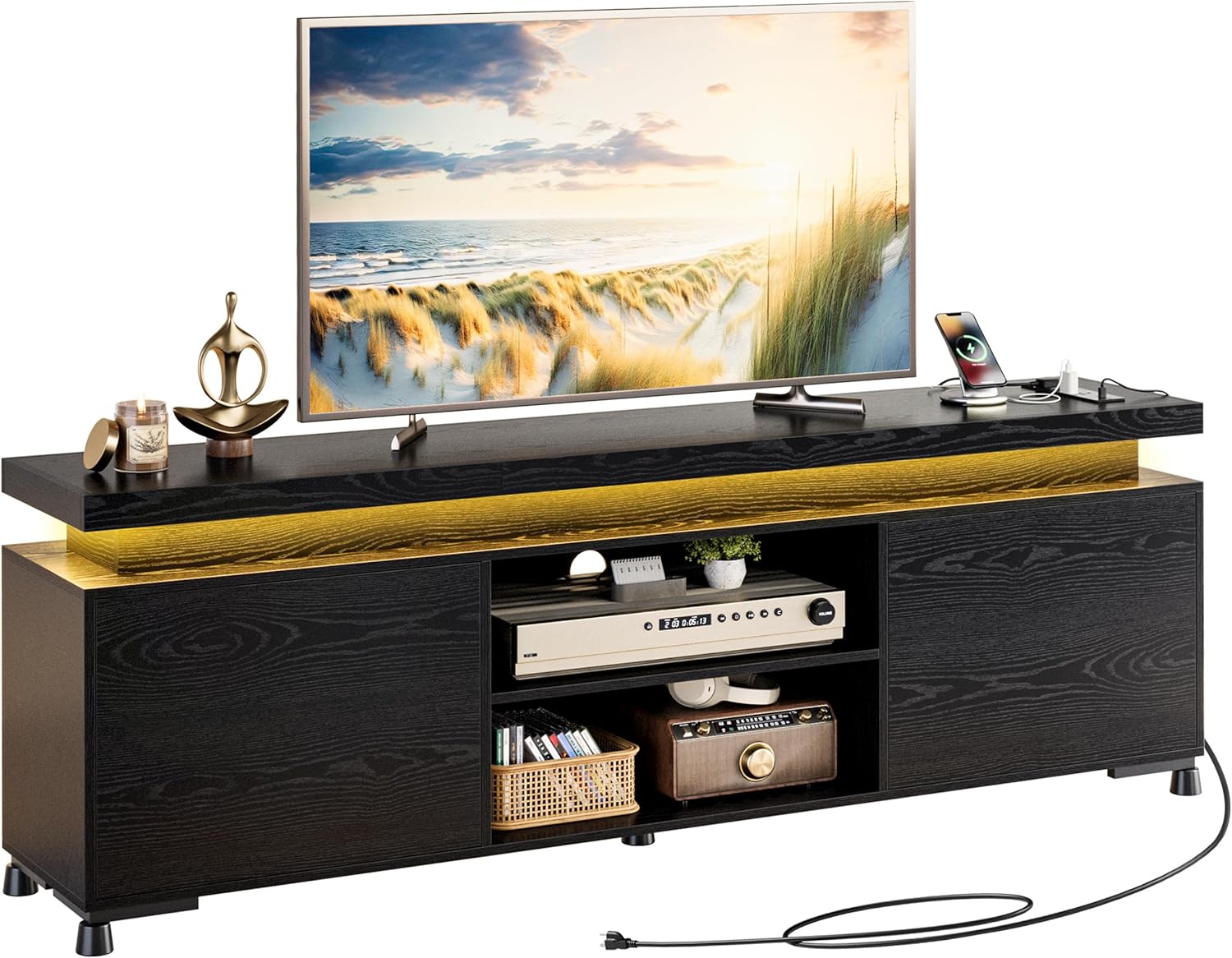IRONCK TV Stand for TVs 85 inch, Entertainment Center with LED Lights and Power Outlet, TV Console Table with Cabinets and Open Storage Shelves, Black TV Stands for Living Room