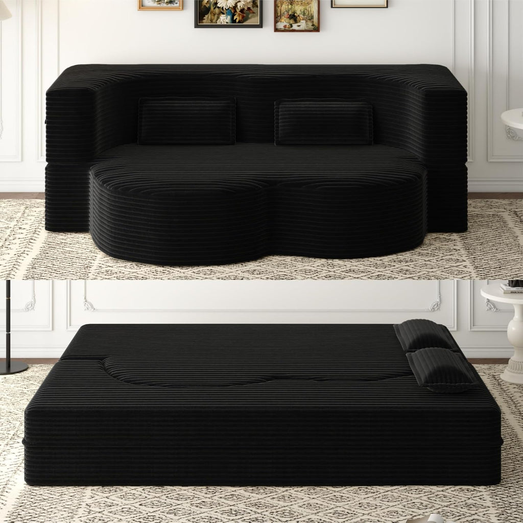ALAMHI 78' Full Size Floor Sofa, Folding Queen Sleeper Couch, Futon Loveseat Sofa, Plush Corduroy Foam-Filled Sleeper Couch Bed, Fold Mattress Bed for Living Room, Guest Use, Office, Apartment, Black