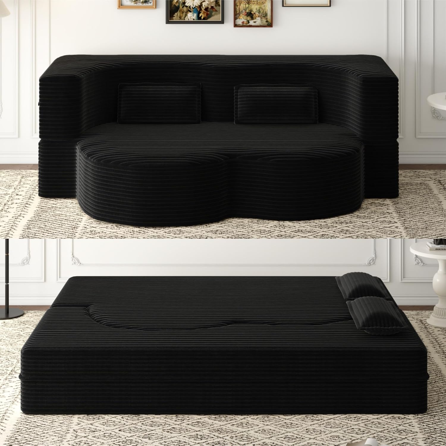 ALAMHI 78' Full Size Floor Sofa, Folding Queen Sleeper Couch, Futon Loveseat Sofa, Plush Corduroy Foam-Filled Sleeper Couch Bed, Fold Mattress Bed for Living Room, Guest Use, Office, Apartment, Black