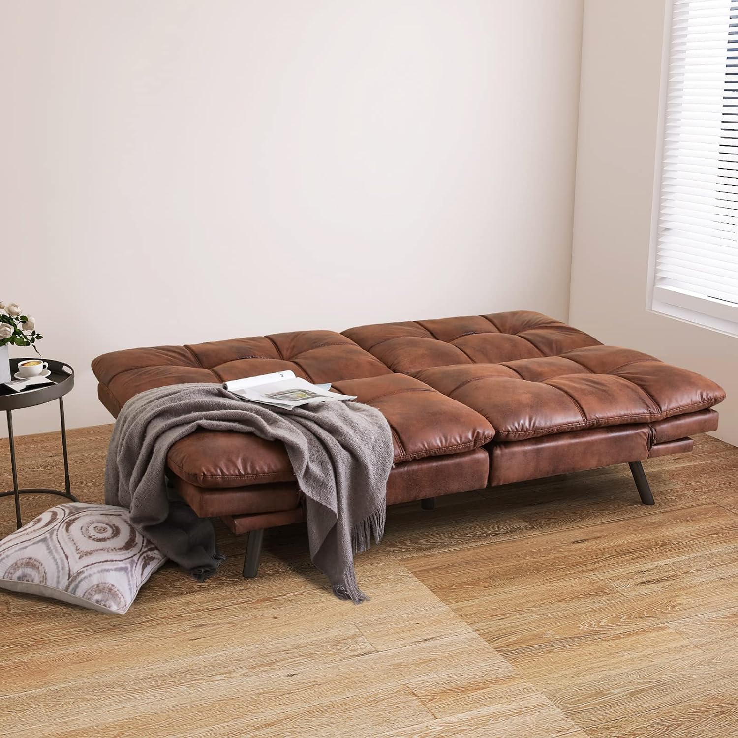 Vyfipt Futon Sofa Bed/Couch, Memory Foam Small Splitback Sofa for Living Room,Modern Loveseat with Covertible Armrests,Faux Leather/Cushion Thicker Version(Brown)