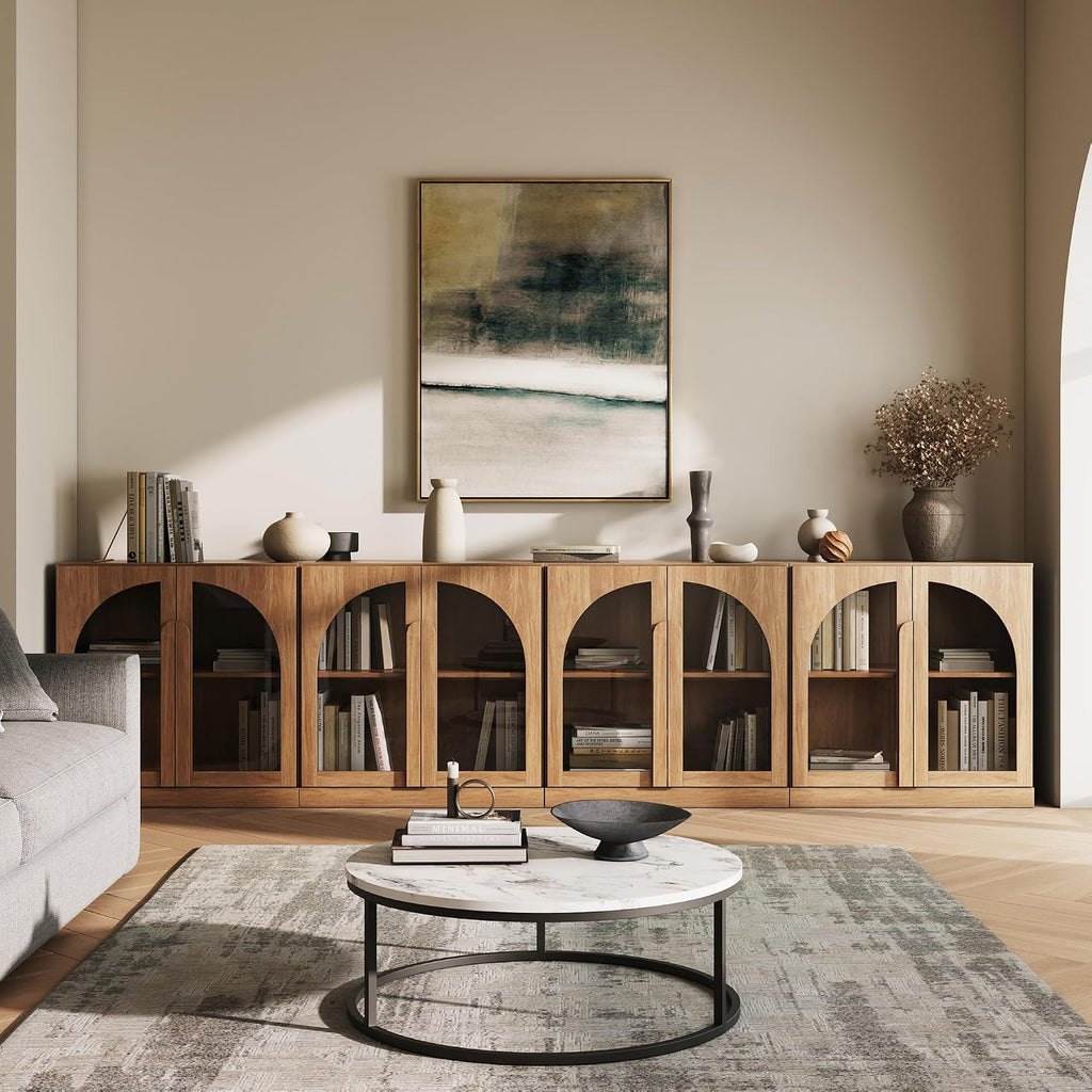BELLEZE 4-Piece Modular TV Stand Set -Modern Entertainment Center with Arched Glass Doors,Sideboards with Adjustable Shelves&Wooden Handles,Classic Media Console Table Cabinet for Living Room (Camel)