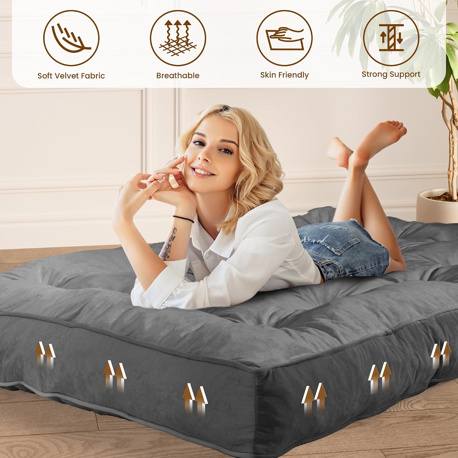 8' Futon Mattress Full Size 54' x 80', Thick Futon Sofa Couch Bed for Adults, Velvet Floor Futon Mattress Shredded Foam Filling, Tatami Sleeping Mat for Camping, Dorm, Dark Gray(Frame Not Included)