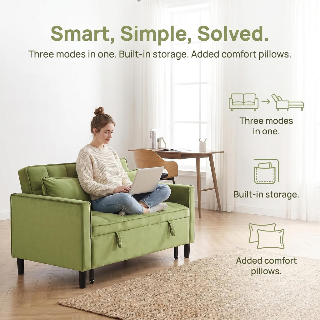 3 in 1 Convertible Sofa Bed, Loveseat Sleeper Sofa with Large Side Pockets, Pull Out Couch with Adjustable Backrest, Easy Assembly, Velvet Couch Bed for Small Spaces, Apartment, Green