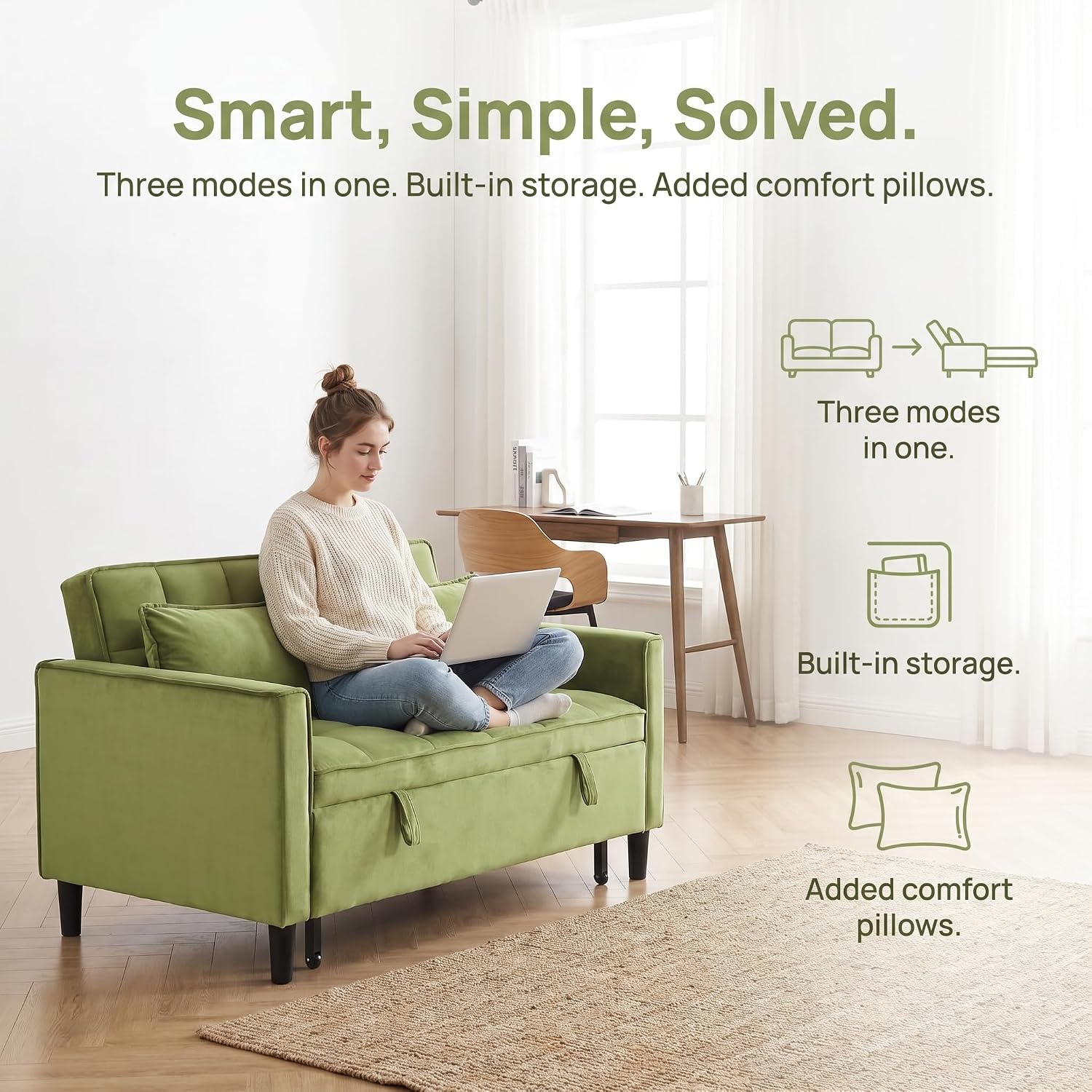 3 in 1 Convertible Sofa Bed, Loveseat Sleeper Sofa with Large Side Pockets, Pull Out Couch with Adjustable Backrest, Easy Assembly, Velvet Couch Bed for Small Spaces, Apartment, Green