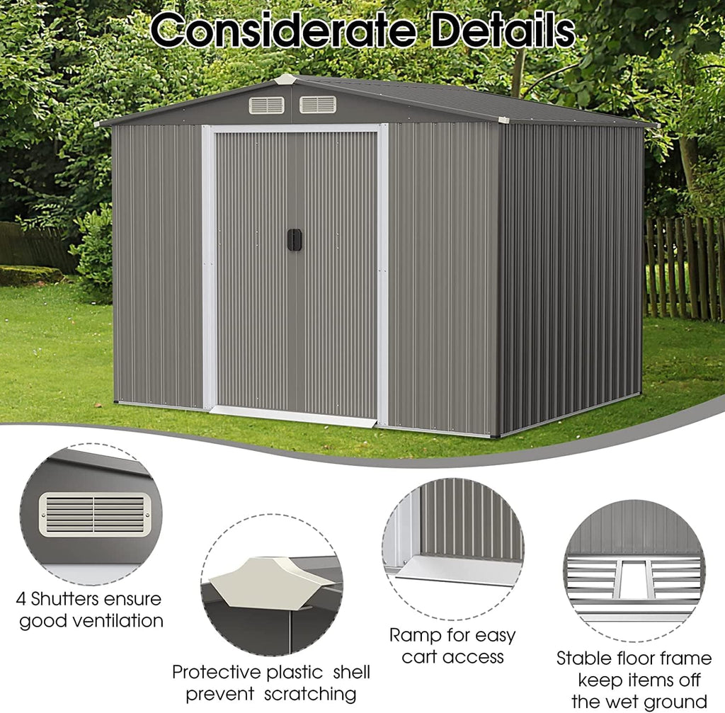 Goplus 8.5' x 6.8' x 6' Outdoor Storage Shed, Weather-Resistant Utility Storage House w/Foundation, 4 Air Vents, Double Doors & Ramp, Galvanized Steel Tool Shed for Garden, Lawn, Patio, Yard