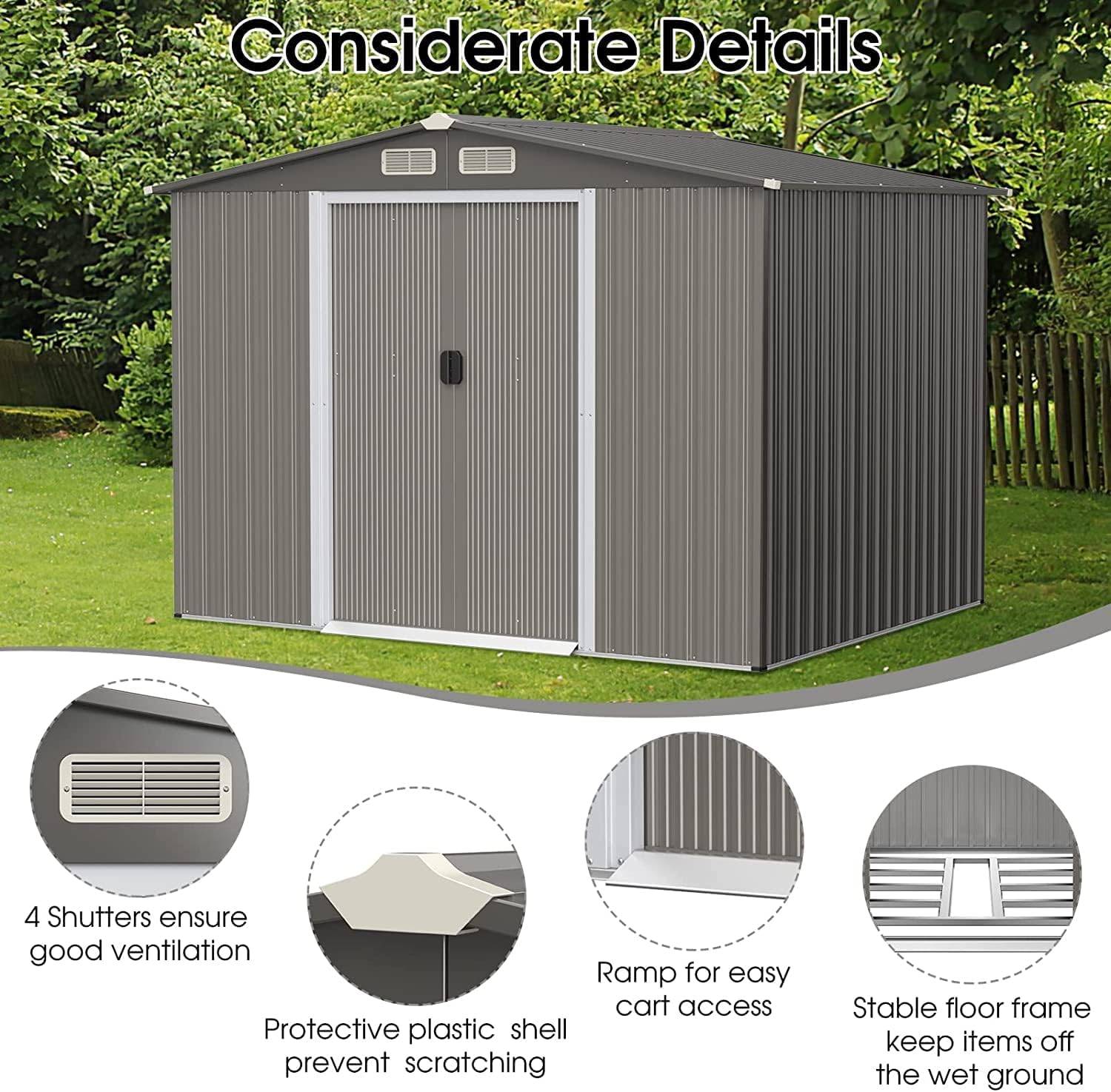 Goplus 8.5' x 6.8' x 6' Outdoor Storage Shed, Weather-Resistant Utility Storage House w/Foundation, 4 Air Vents, Double Doors & Ramp, Galvanized Steel Tool Shed for Garden, Lawn, Patio, Yard