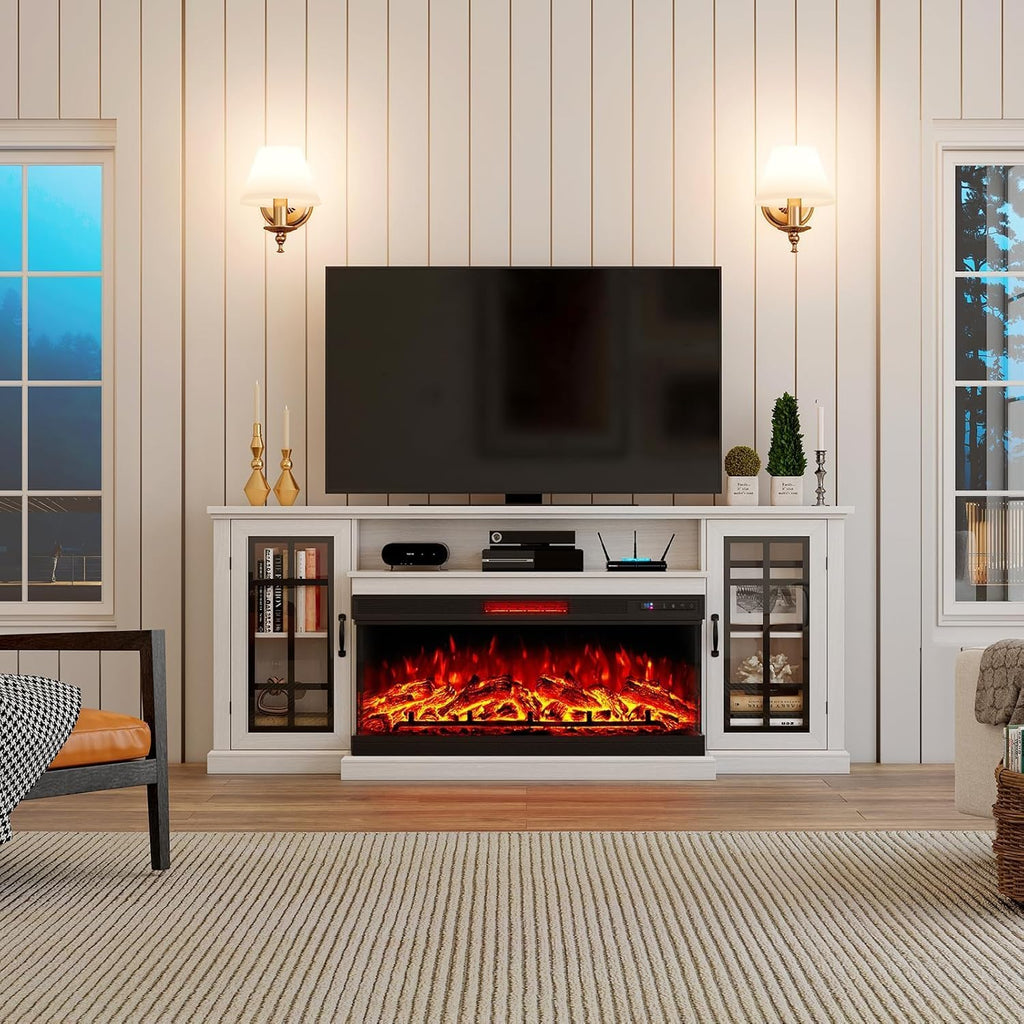 AMERLIFE 75in 3-Sided Glass Fireplace TV Stand for TVs up to 85', Rustic Fireplace Media Entertainment Center Console Table Cabniet with Glass Door Closed Storage, Distressed White