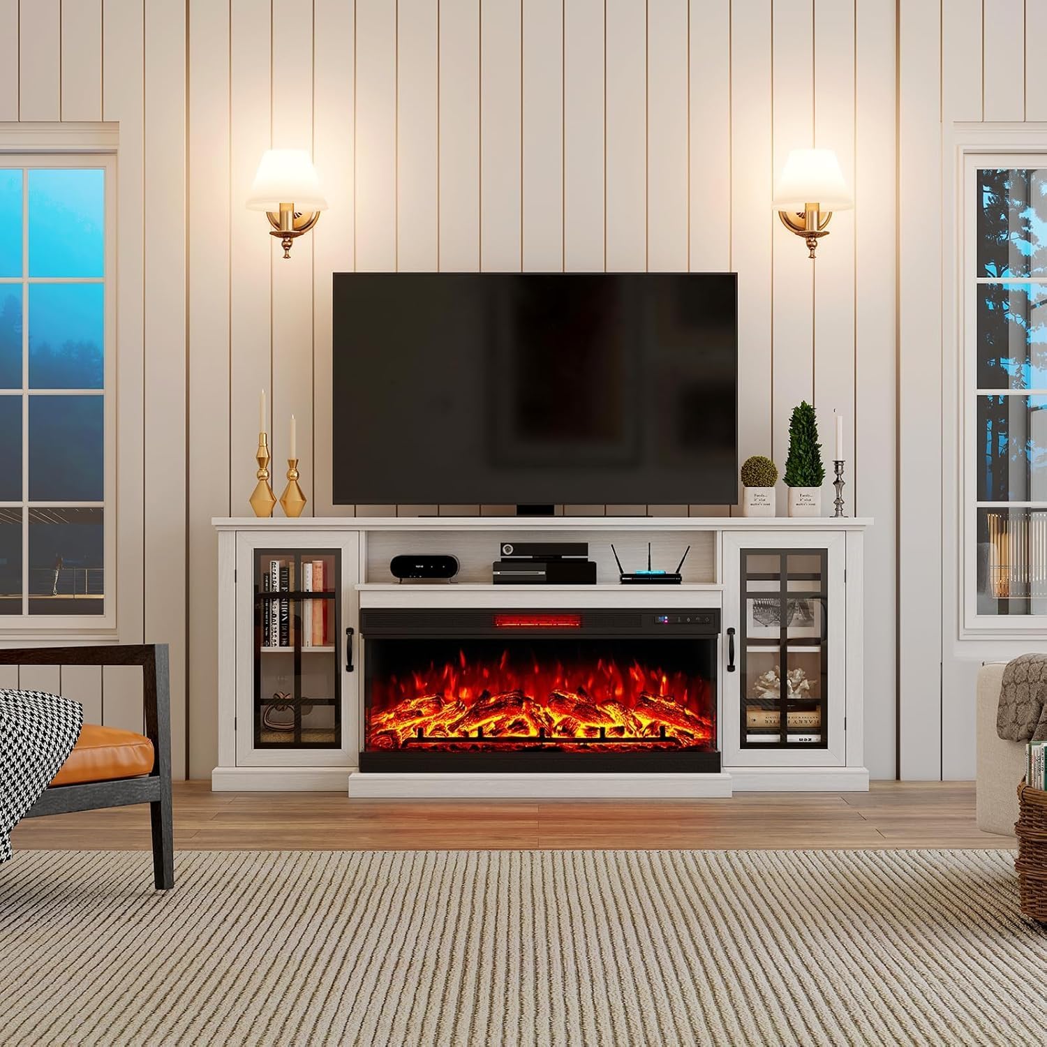 AMERLIFE 75in 3-Sided Glass Fireplace TV Stand for TVs up to 85', Rustic Fireplace Media Entertainment Center Console Table Cabniet with Glass Door Closed Storage, Distressed White