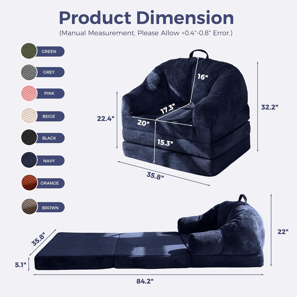 MAXYOYO Folding Sofa Bed with Backrest, Boneless Fold Out Couch Bed with Handle, 2 in 1 Convertible Bean Bag Chair to Floor Sofa Lounger, Comfy Folding Couch for Bedroom & Living Room, Navy