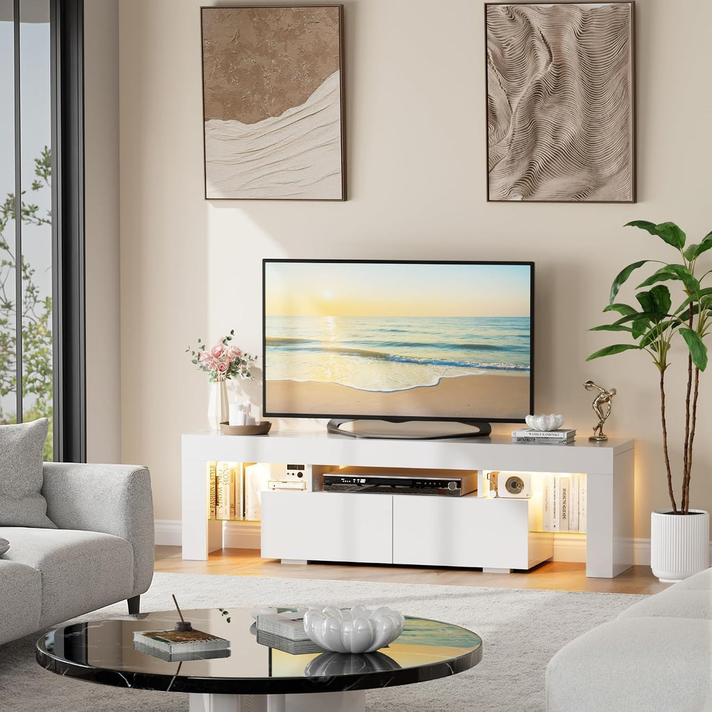 YESHOMY Modern LED TV Stand for Televisions up to 70 Inch with Glass Shelves and Drawer, Gaming Entertainment Center with Multiple Dynamic RGB Modes, for Livingroom, Bedroom, 60 Inch, Pearl White