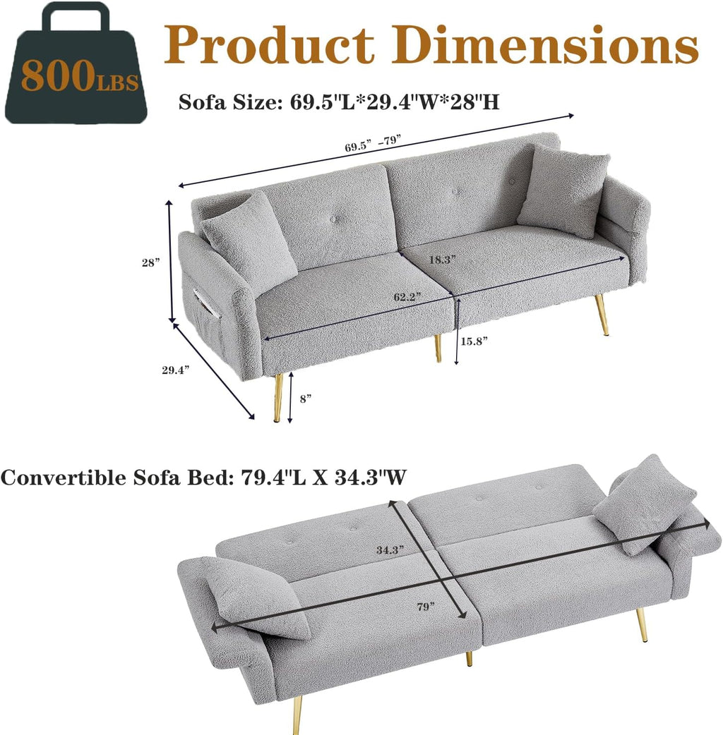 69.5' Grey Convertible Futon Sofa Bed with Adjustable Backrest and Armrests, Teddy Upholstered Loveseat Sleeper Couch with 2 Pillows and Metal Legs Love Seat for Guest Room Living Room (Grey)