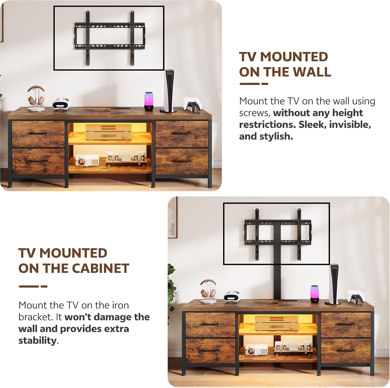 LED TV Stand for Living Room, with Mount, Power Outlet and Fabric Drawers, Entertainment Center w/Height Adjustable TV Mount for 26''-63'' TVs, Industrial Media Console w/Open Storage Shelves