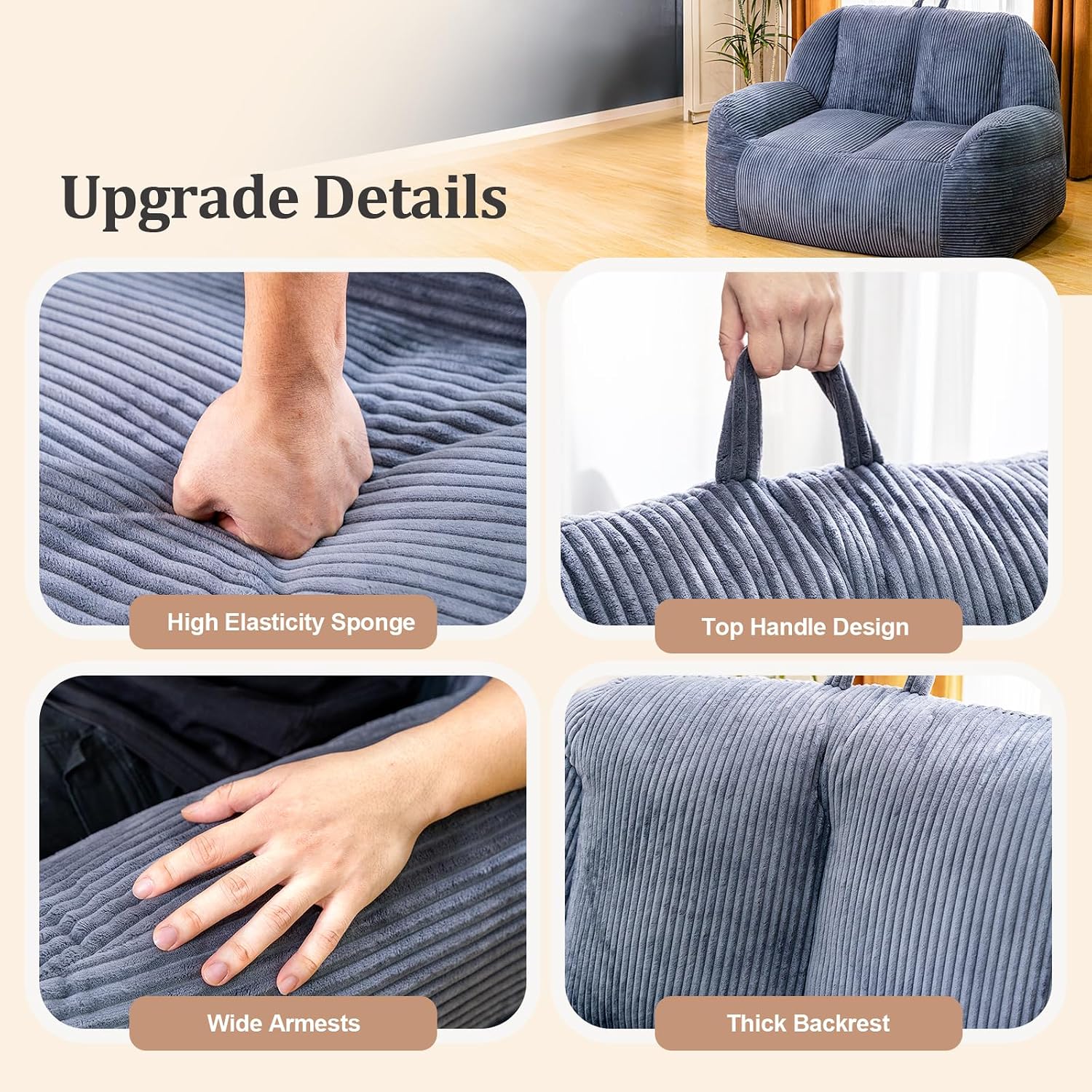 Lamerge Giant Bean Bag Chair for Adults, Oversized Faux Fur Fluffy Sofa with High-Density Memory Foam, Grey Comfy Bean Bag Couch for Reading, Gaming (53' Giant Bean Bag Chair Sofa)