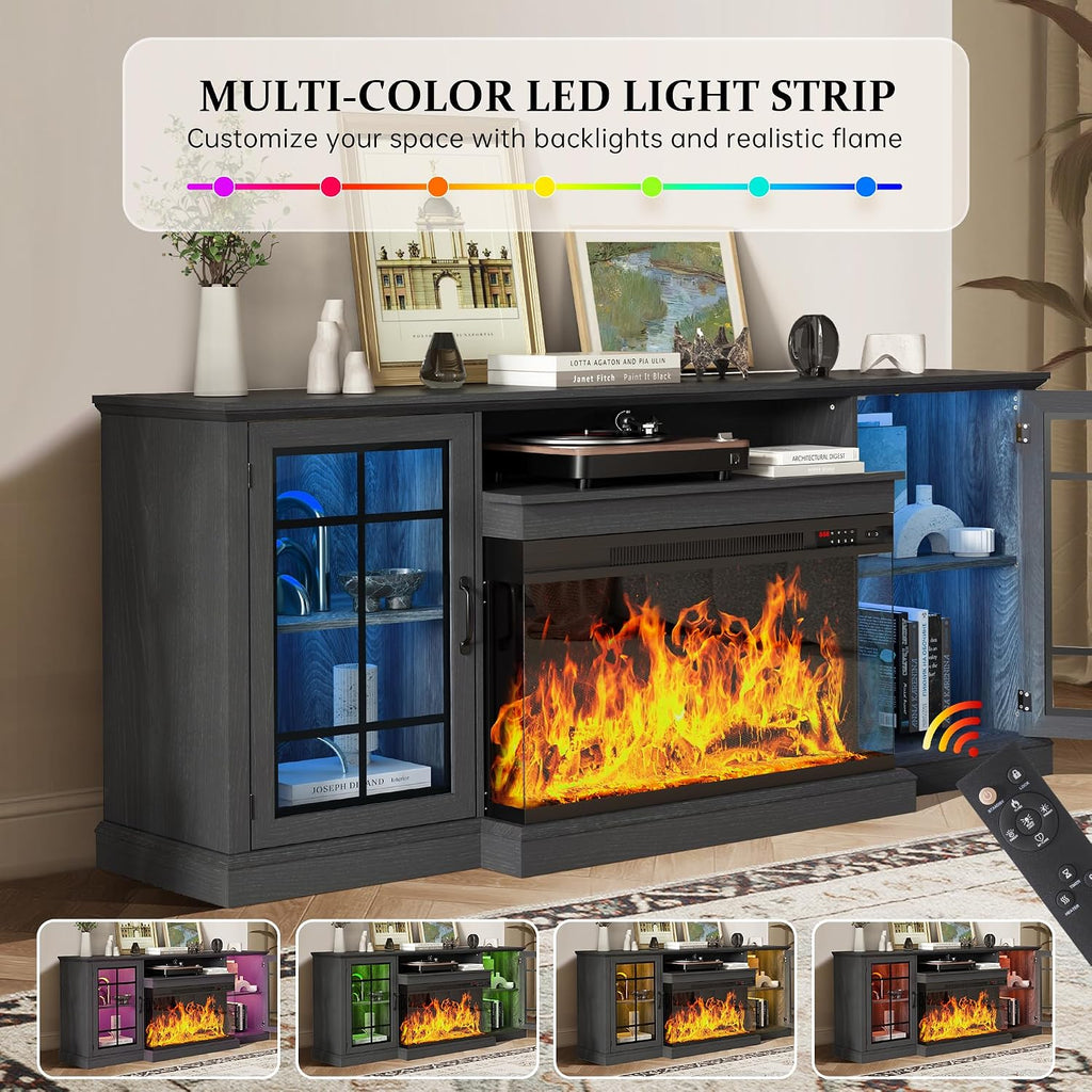 MXV 70'' Fireplace TV Stand, Farmhouse Entertainment Center with 3 Sided Glass TV Stand, Modern Media Console Table with Storage Drawers & Cabinets with LED Flame and Lights for Living Room, Black