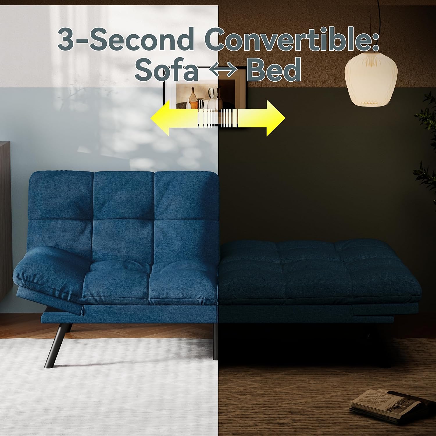 Vyfipt Convertible Futon Sofa Bed, Blue Linen Futon Couch with Adjustable Backrest & Armrests, Folding Small Recliner Sleeper Sofa Bed for Living Room, Apartment, Office