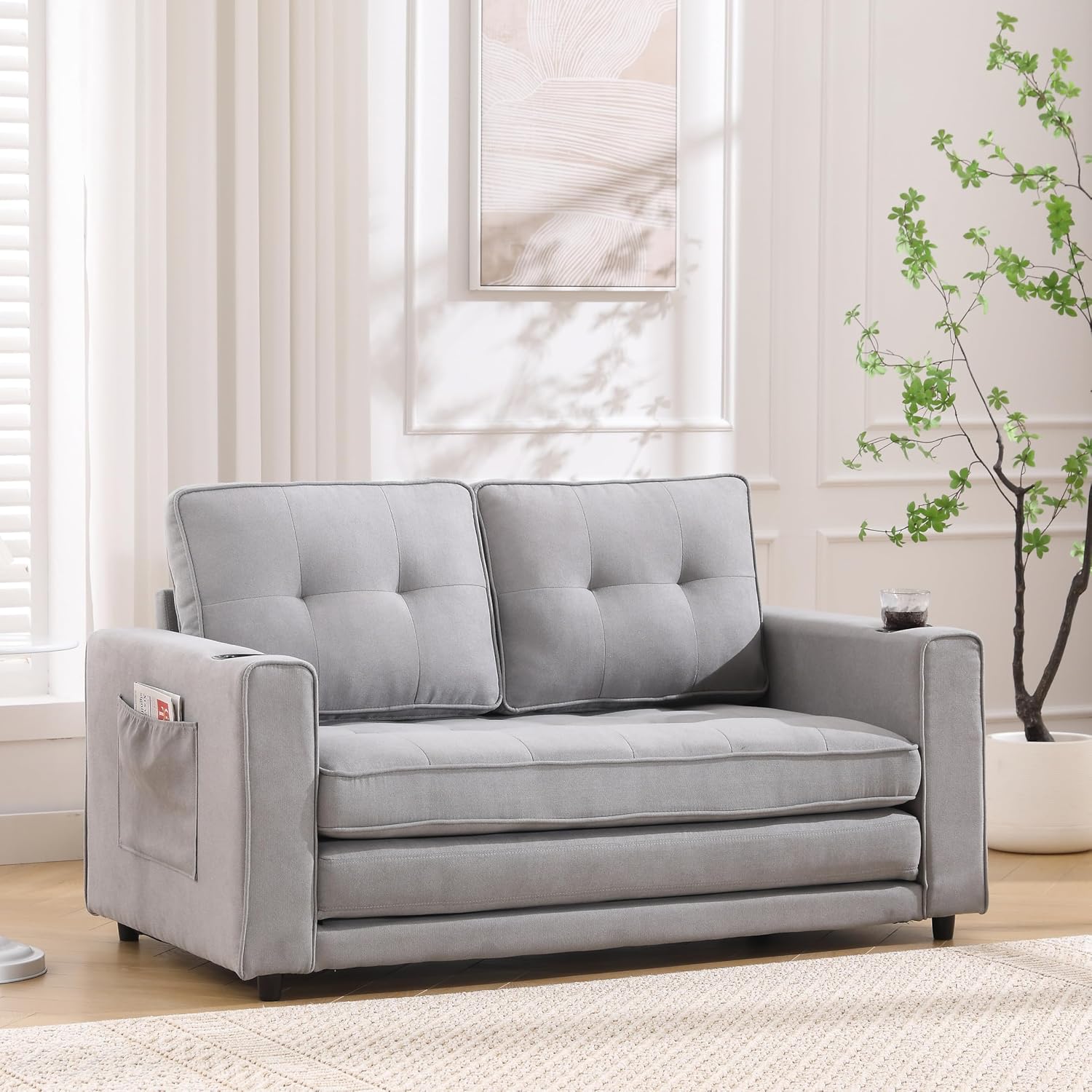 Convertible Loveseat Sleeper with Pull Out Bed, Foldable Tufted Sofa Bed Couch W/Cup Holder and Side Pockets, Light Gray