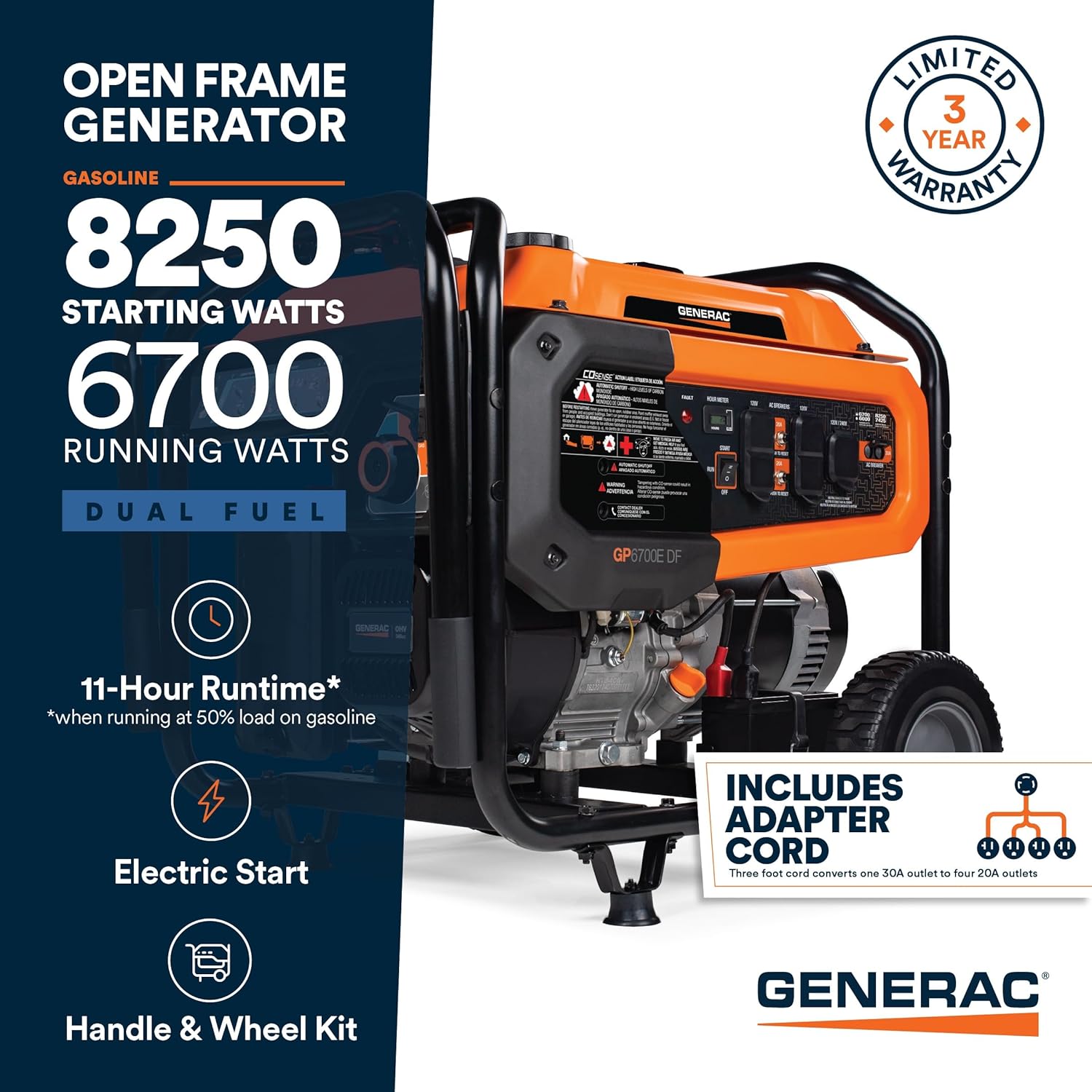 Generac Dual Fuel Portable Gas Generator, 8,250 Starting Watts, Electric Start, COsense Carbon Monoxide Detection, 11 Hour Runtime, Gas or Propane, Heavy Duty Frame, Home Backup Emergency, 49-State