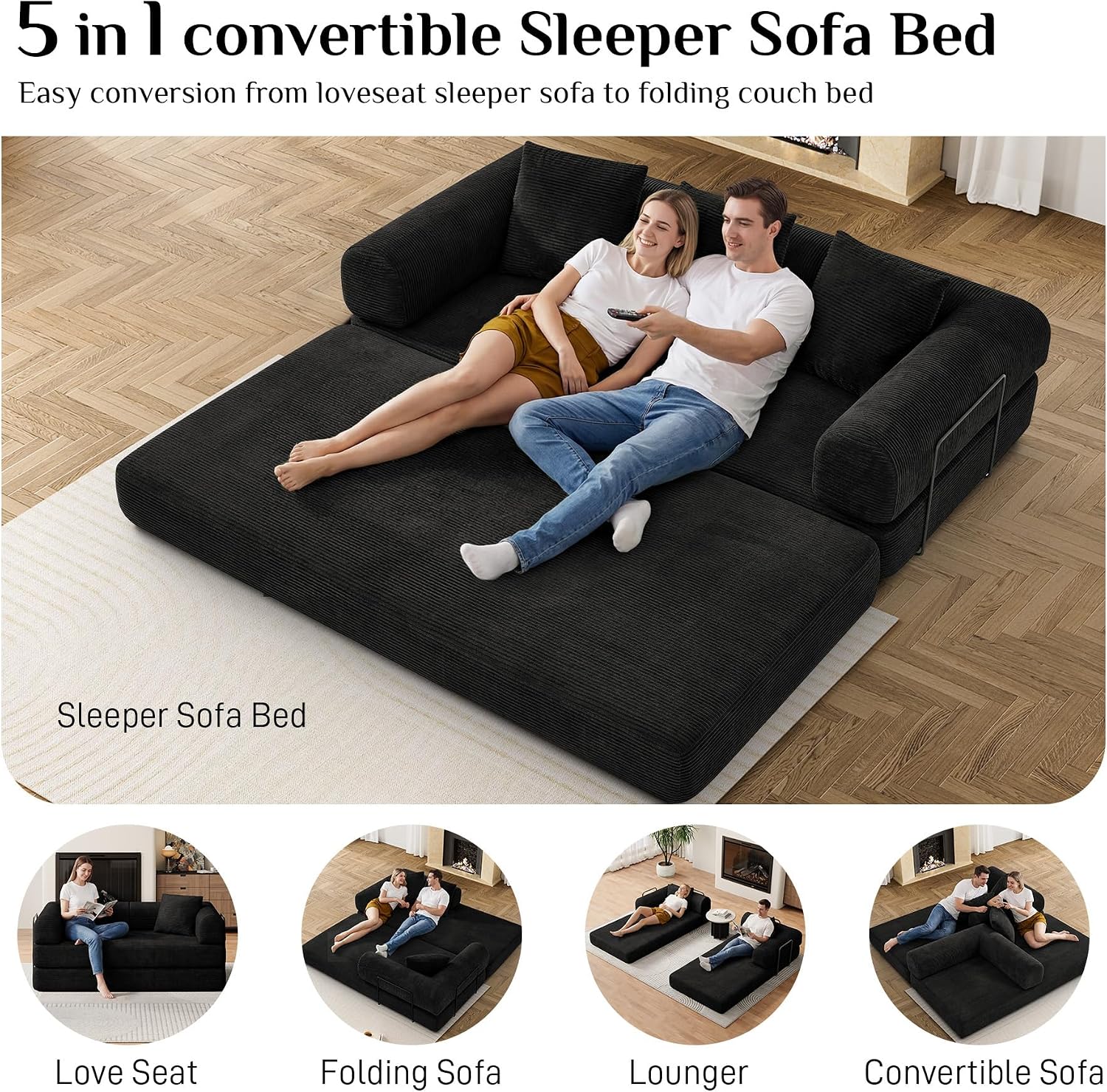 DAMAIFROM Convertible Sleeper Sofa Bed with Cylindrical Pillow,Corduroy Folding Mattress Couch with Fixed-Shape Frame,Modular Floor Sofa Lounge Couch for Living Room Bedroom Lounge,80',Black
