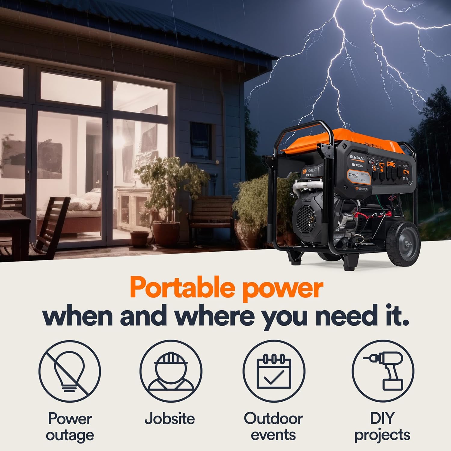 Generac 19,300 Starting Watt Portable Gas Generator - Electric Start - Home Backup or RV Ready - Heavy Duty Frame - Quiet, Long Runtime, Emergency Power - 49-State Compliant