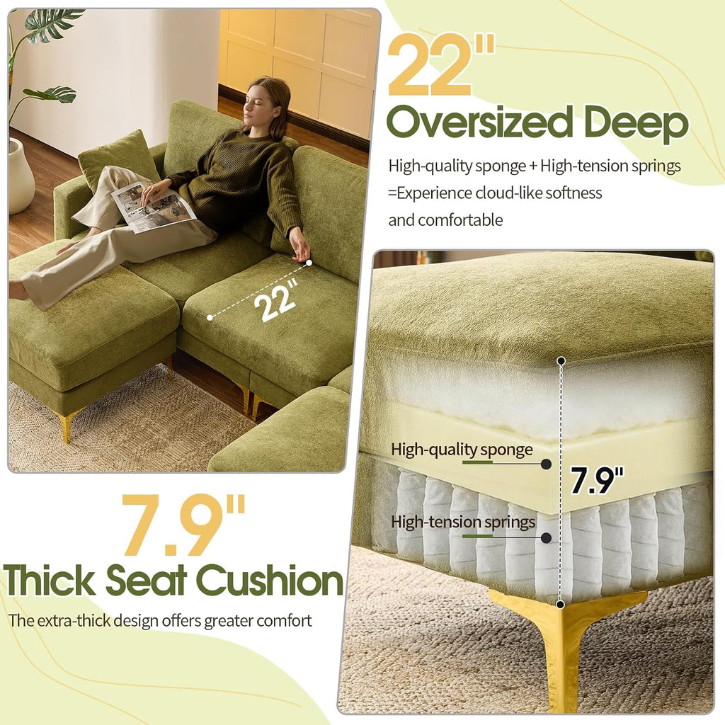 VINGLI 100' W U Shaped Couch with Ottoman, 22' Deep Seat Comfortable Sectional Couches for Living Room, 3 Seater Chenille Fabric Cloud Sofa for Apartment, Small Spaces, Bedroom, Green