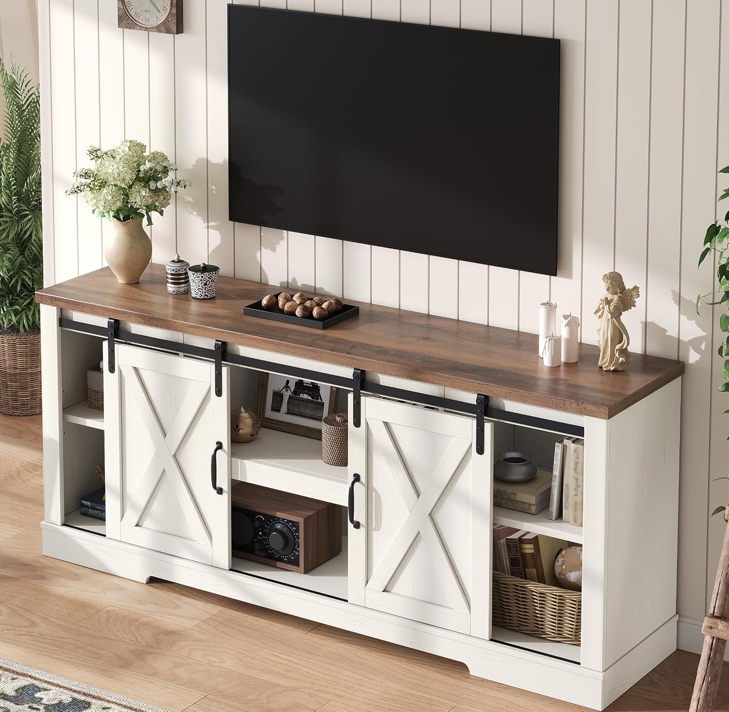 AMERLIFE 66' Farmhouse TV Stand for 75 Inches TVs, Entertainment Center with Sliding Barn Door and Adjustable Shelf & Feet, Console Table with Storage, Rustic White & Honey Brown
