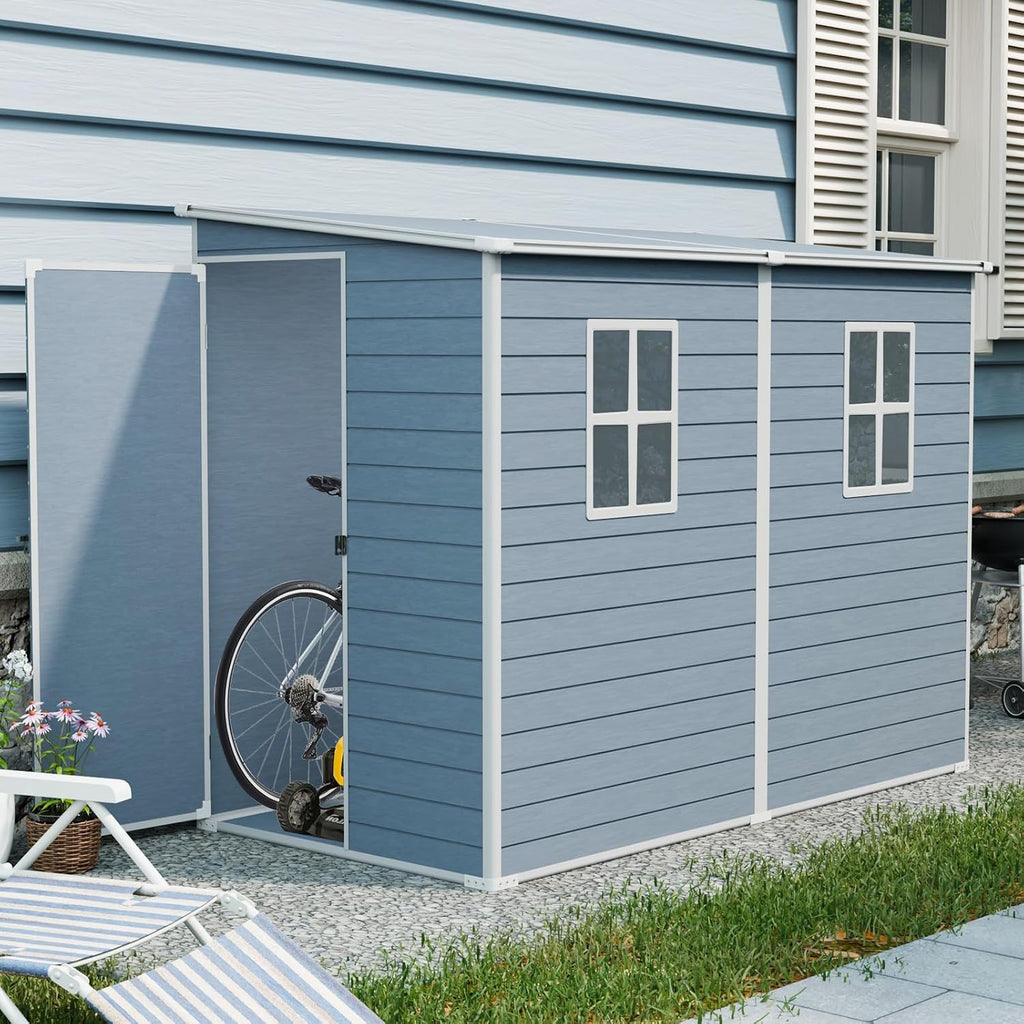 YOPTO 4x8 FT Outdoor Storage Shed Plastic Shed W/Floor,Resin Lean to Shed W/ 2 Windows & Lockable Door,Garden Tool House W/Air Vent & Sloped Roof,All Weather Waterproof for Backyard,Patio,Lawn,Grey