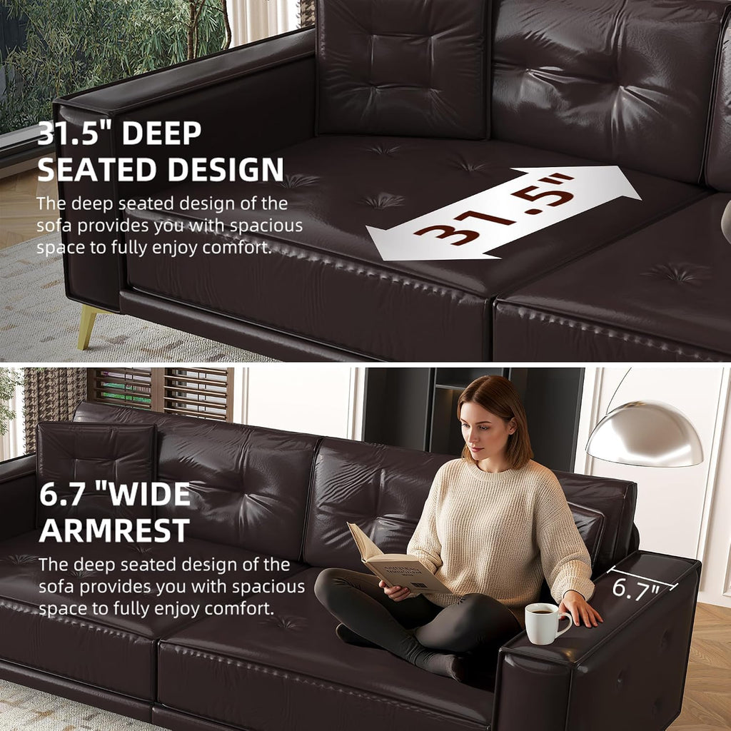 92.1'' Pull Out Sofa Bed King, Faux Leather Futon Couch, 3-in-1 Convertible Sleeper Sofa with Tufted Back, Gold Furniture Legs, Deep Loveseat for Living Room, Apartment, Office, Dark Brown