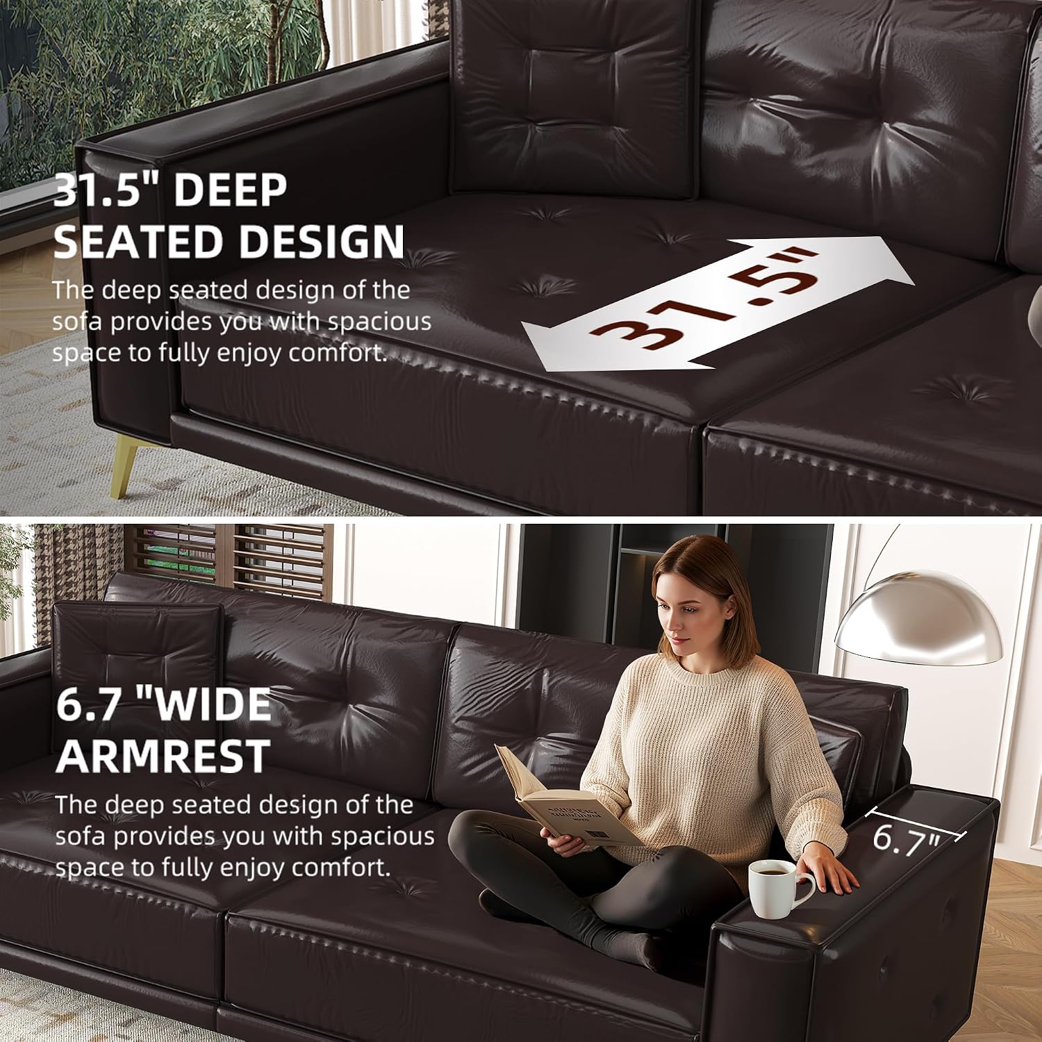 92.1'' King Pull Out Sofa Bed, Convertible Futon Couch, 3-in-1 Faux Leather Sleeper Sofa with Tufted Back, 2 Pillows, Gold Legs, Deep Folding Loveseat for Living Room, Apartment, Dark Brown