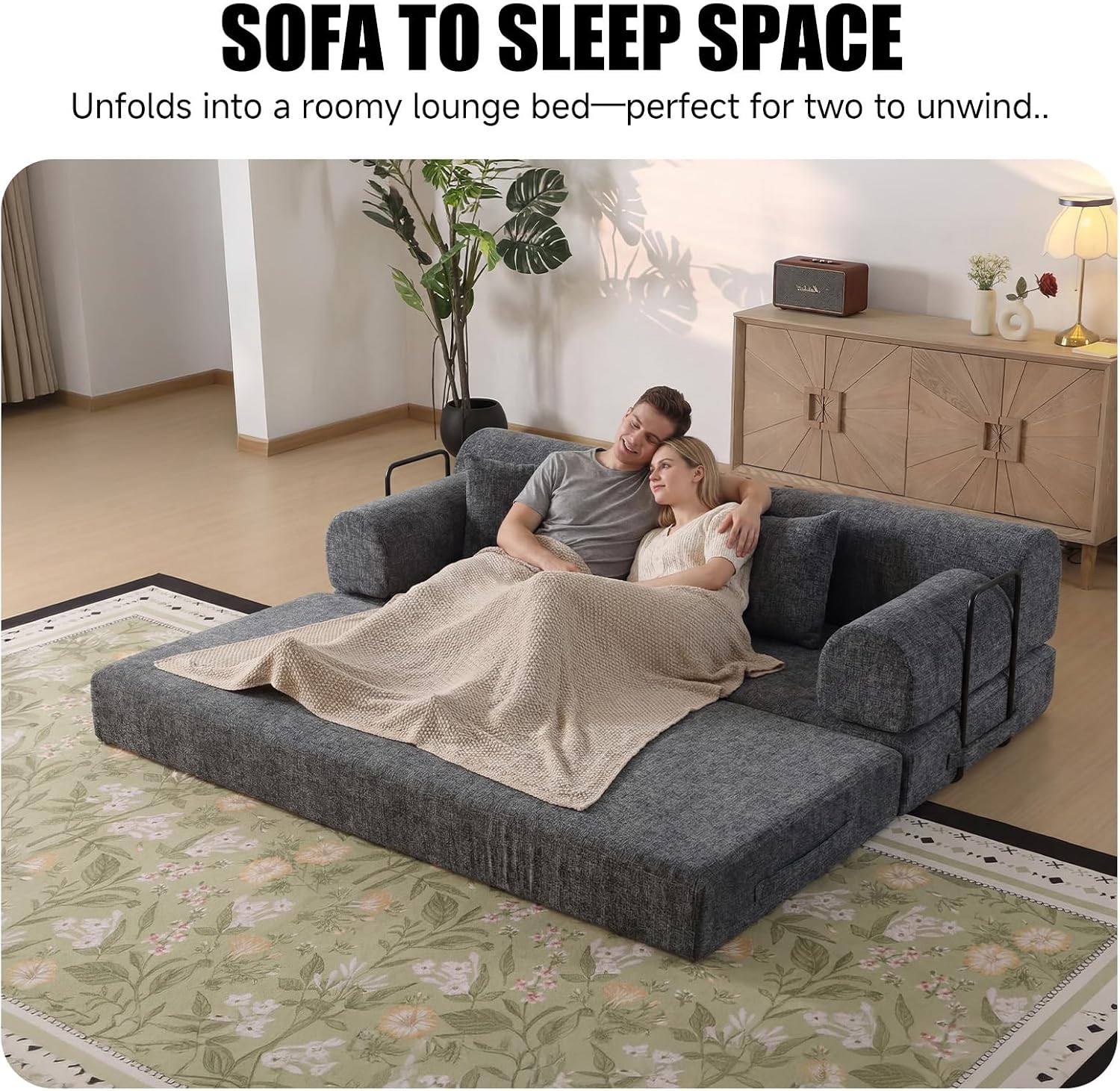 78.8' Memory Foam Boneless Couch, Corduroy Floor Sofa Bed, Convertible Sleeper Futon Loveseat, Wide Armrest & Back Support, Supports Up to 1200lbs, Couch in a Box with 2 Pillows, Charcoal Gray