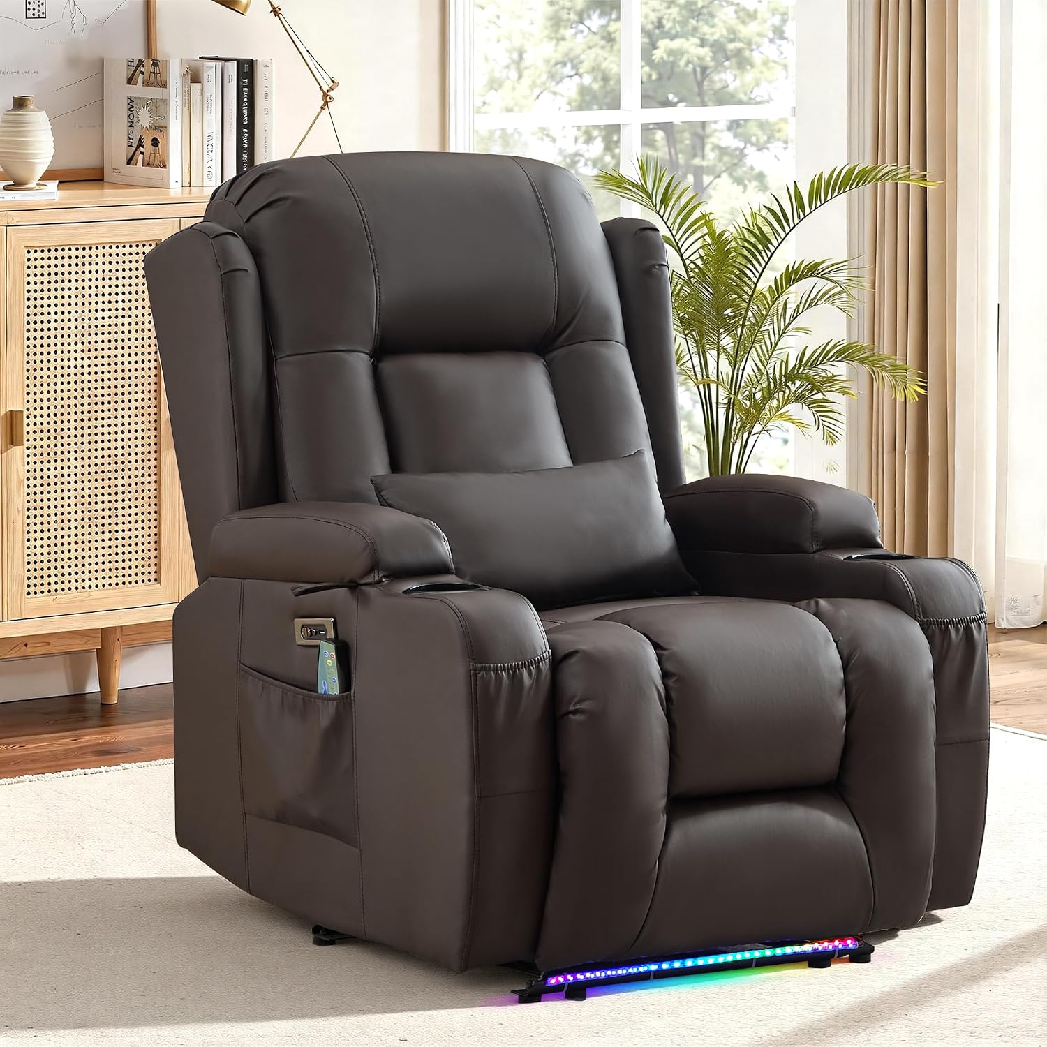 URRED Recliner Chair with Massage and Heat, Power Reclining Sofa Chair Home Theater Seating with LED Ambient Light, USB Ports, Cup Holders, Side Pockets, Faux Leather (Brown, Set of 1)
