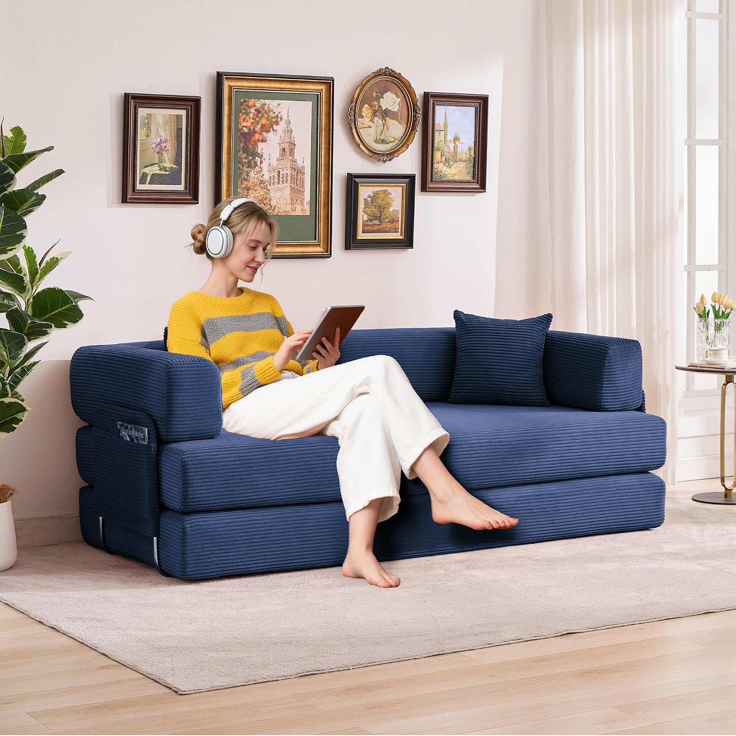 Garvee 5-in-1 Convertible Sofa Bed, 78.8' Modular Corduroy Sleeper with Sturdy Frame & No Assembly, Multi-Functional Futon for Small Space, Living Room & Guest Room (Blue)