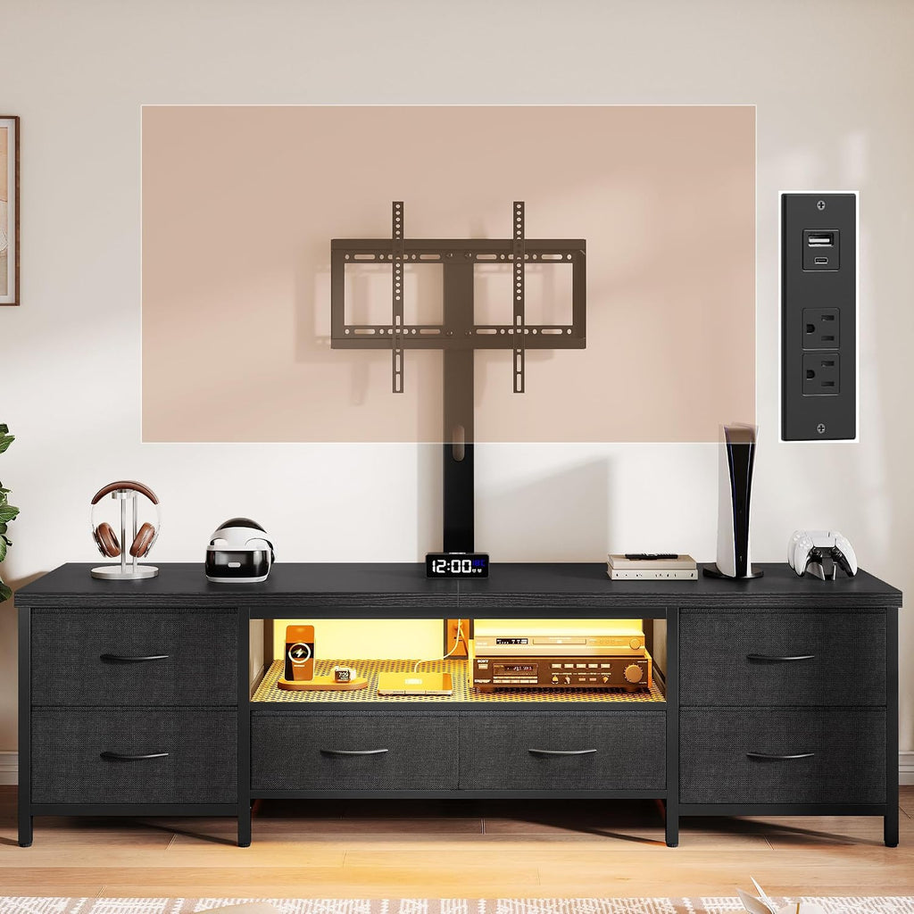 TV Stand for 80 Inch TV with Mount, LED Entertainment Center w/Fabric Drawers & Power Outlets, Industrial Media Console for Living Room, Bedroom, Open Storage Shelves - 71'' Black