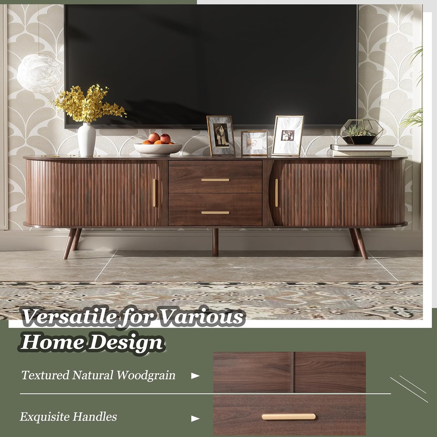 Merax 70' Fluted TV Stand for TVs Up to 80', Mid Century Entertainment Center with Sliding Tambour Doors and Drawers, Modern Curved Media Console with Storage for Living Room, Walnut