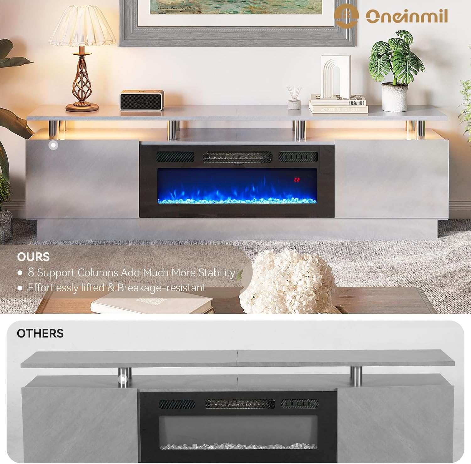 oneinmil Fireplace TV Stand with 36' Electric Fireplace, 80' 2 Tier TV Console Stand for TVs Up to 90', LED Light Entertainment Center, Fireplace for The Living Room TV Stand, Gray